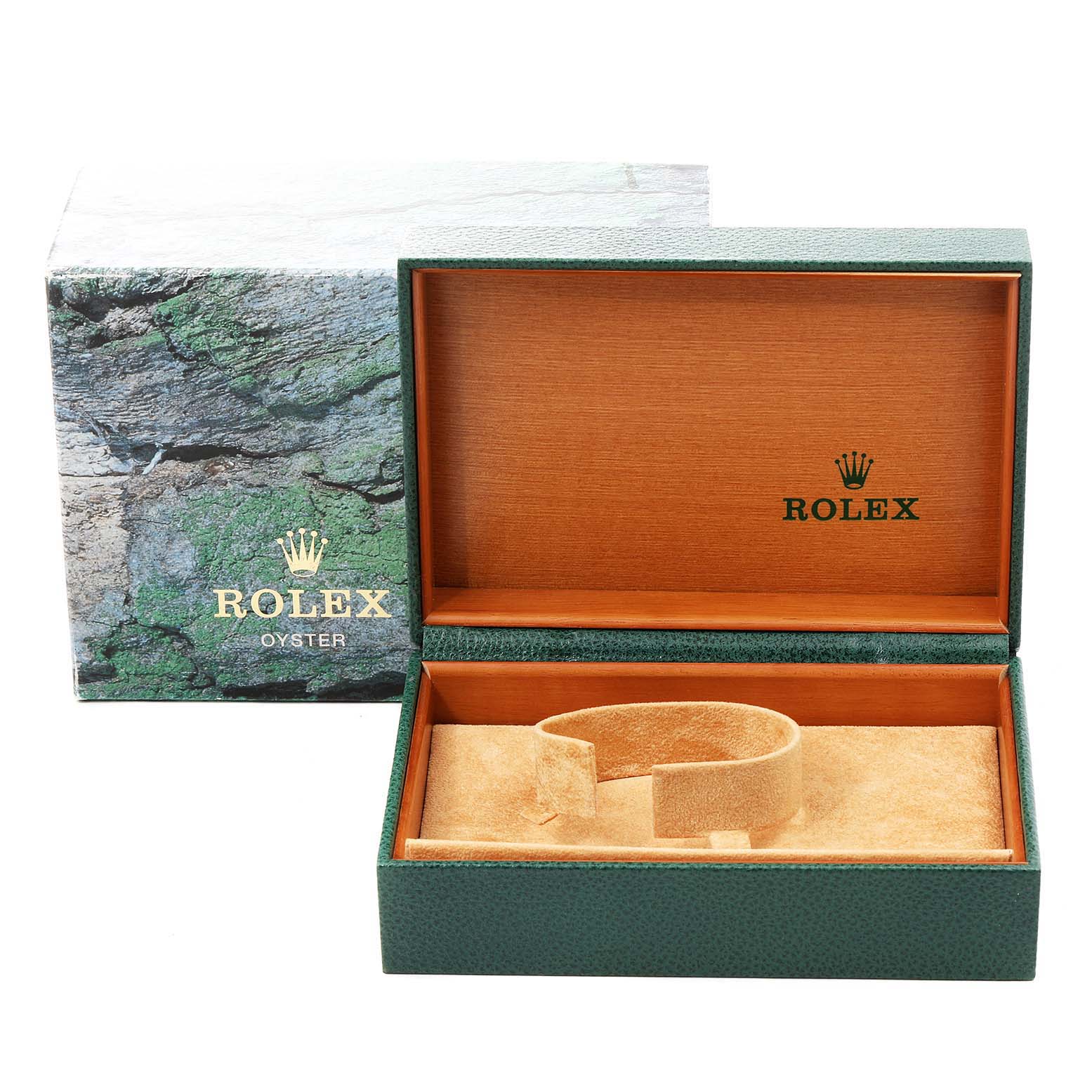 The image shows an open Rolex Sea-Dweller 16600 Men
s Stainless Steel Black Dial 16600 Men
s Stainless Steel Black Dial watch box and its outer box, viewed from the front.