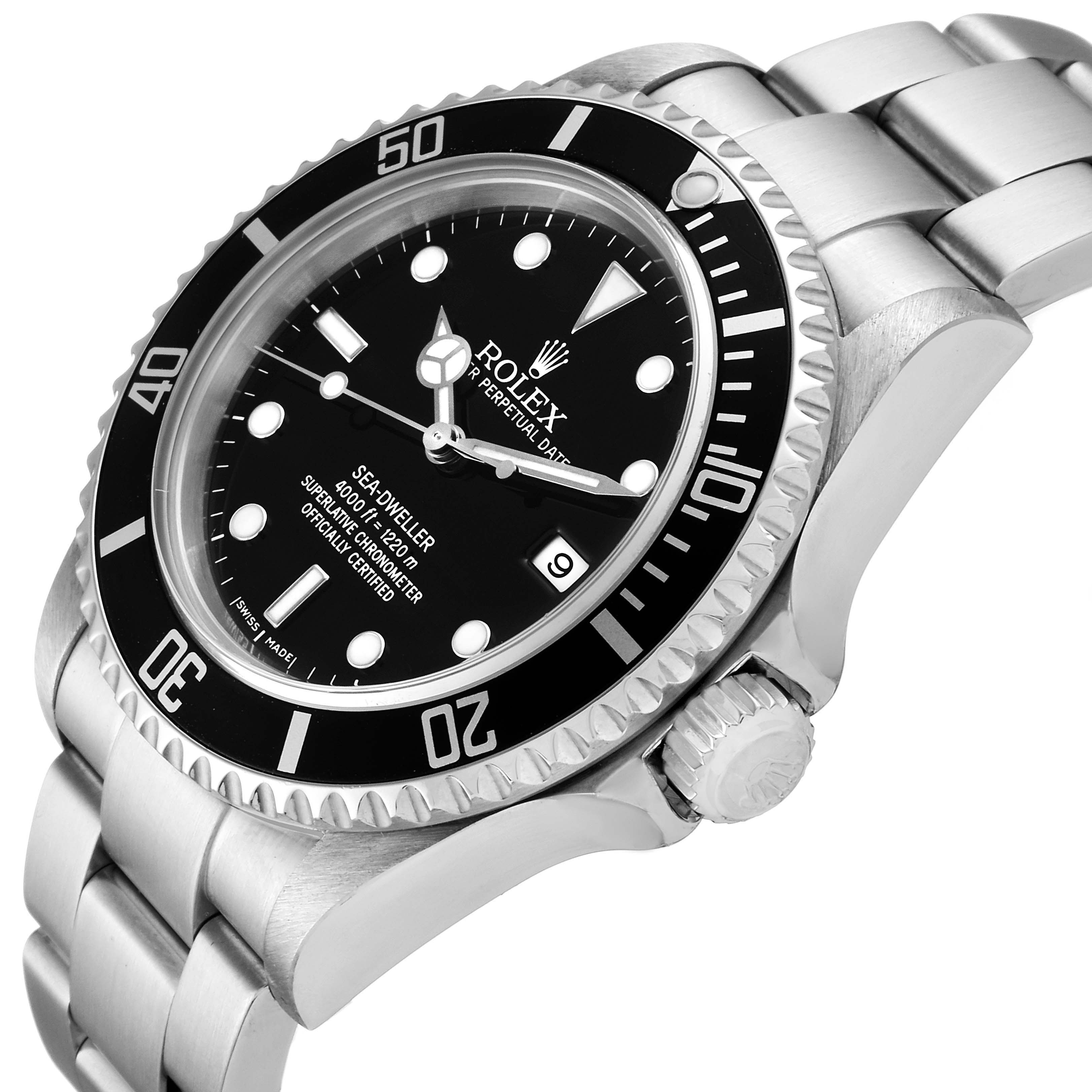 The image shows a close-up angled view of the Rolex Sea-Dweller 16600 Men
s Stainless Steel Black Dial 16600 Men
s Stainless Steel Black Dial watch, highlighting the dial, bezel, case, and bracelet.