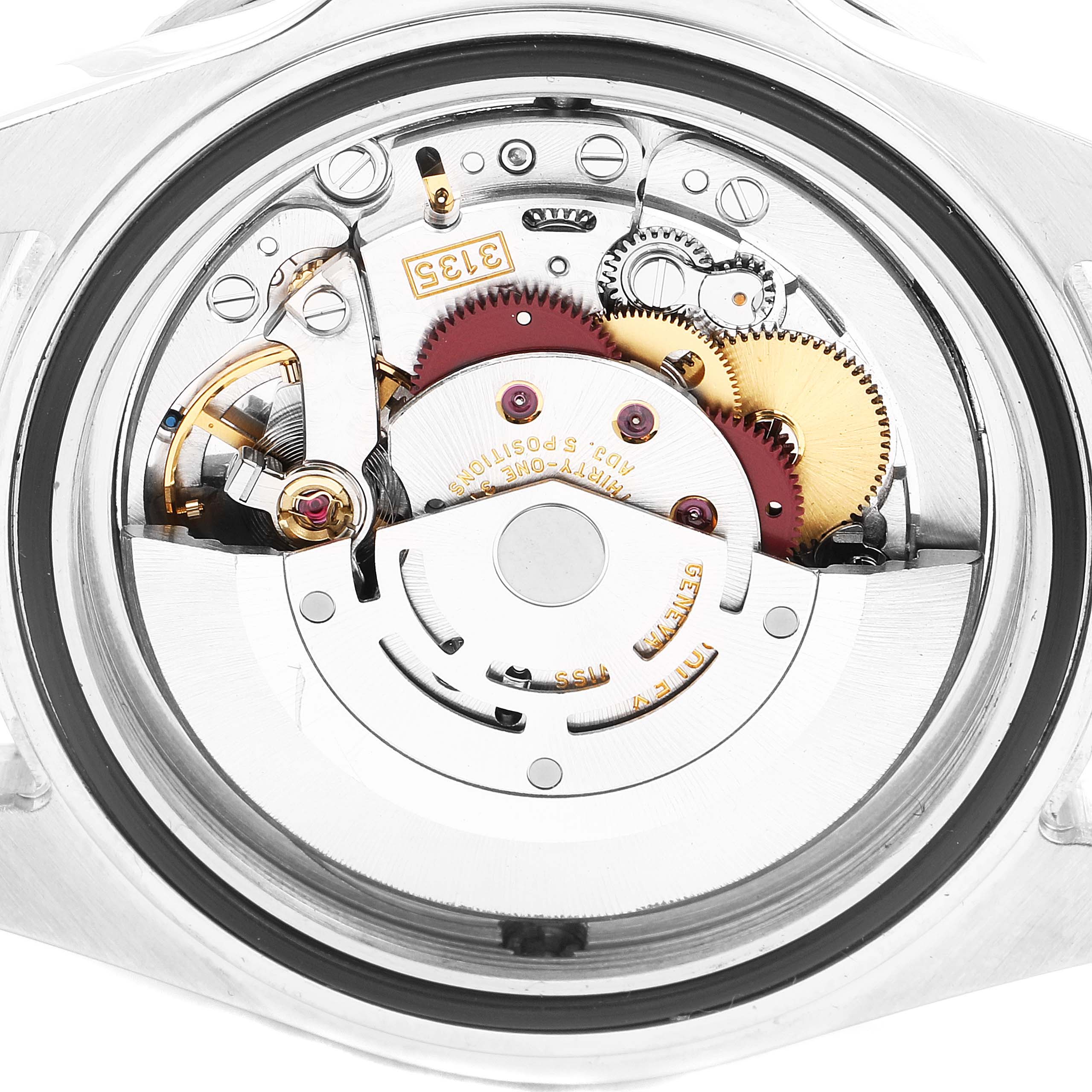 The image shows the internal mechanical components of a Rolex Sea-Dweller 16600 Men
s Stainless Steel Black Dial 16600 Men
s Stainless Steel Black Dial watch viewed from the back.