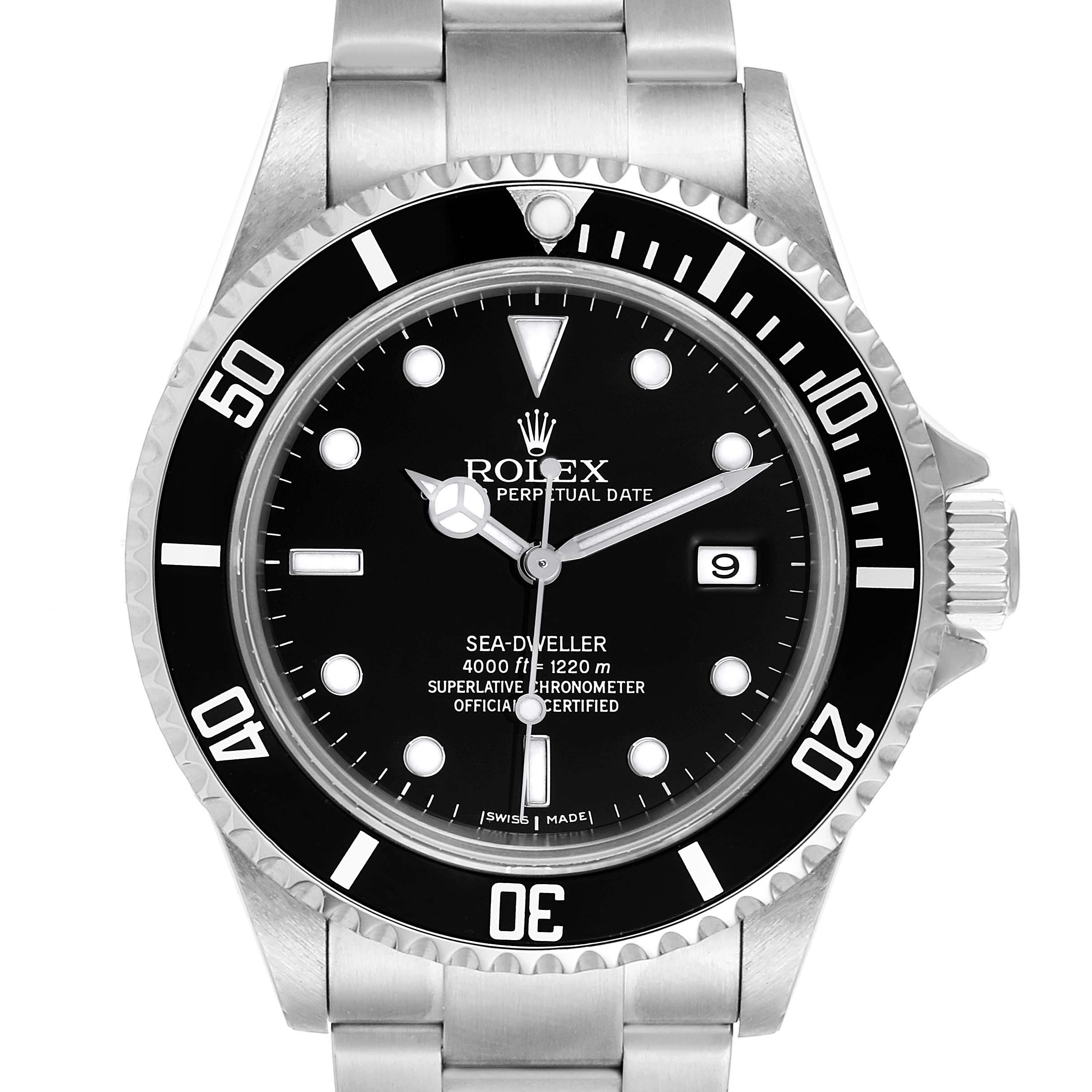 The image shows the front view of a Rolex Sea-Dweller 16600 Men
s Stainless Steel Black Dial 16600 Men
s Stainless Steel Black Dial watch, highlighting the dial, bezel, and bracelet.