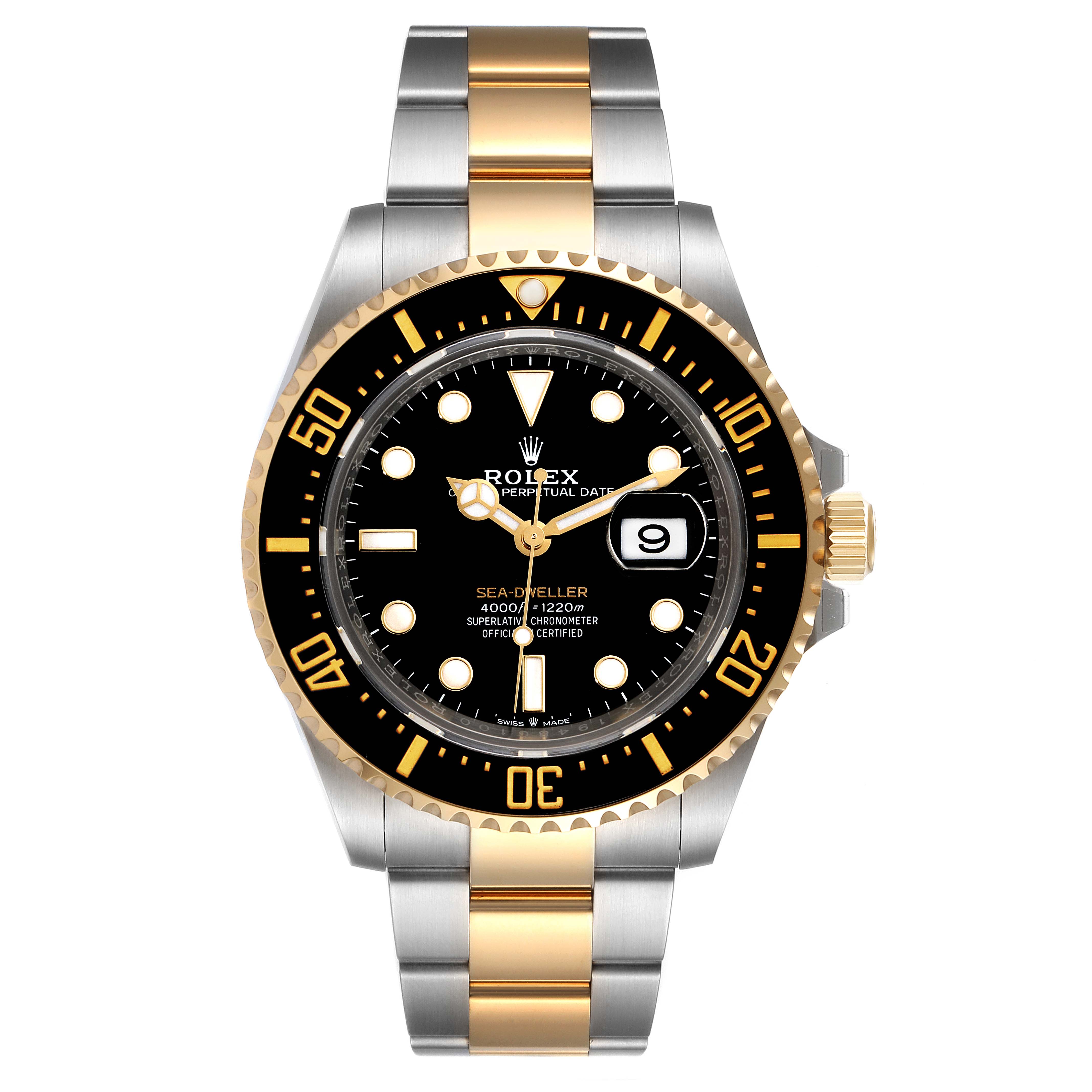 This image shows the front view of the Rolex Sea-Dweller 126603 Men's Steel and Gold (two tone) Black Dial 126603 Men's Steel and Gold (two tone) Black Dial watch, highlighting its dial, bezel, and two-tone bracelet.