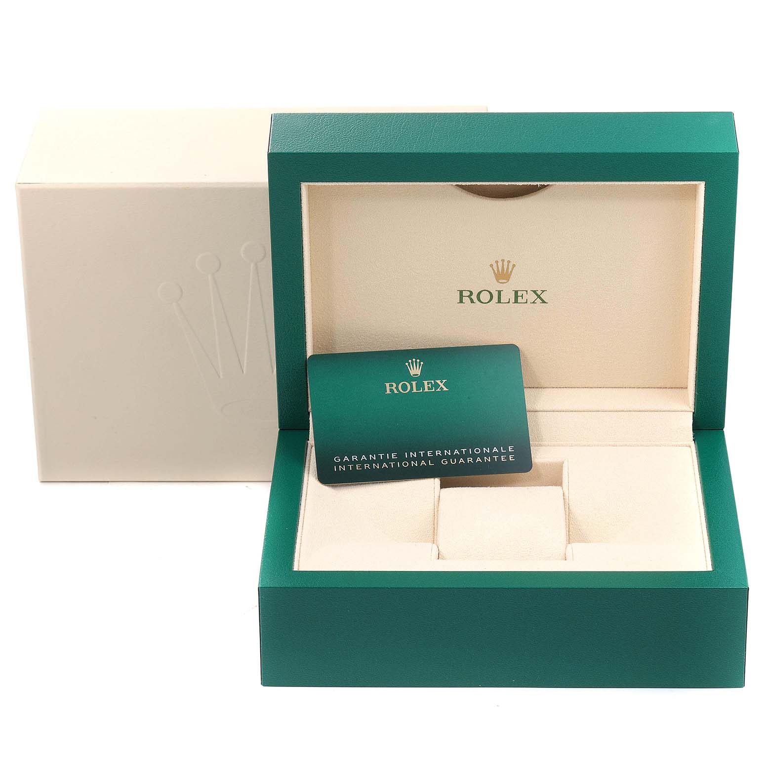 The image shows the open box and guarantee card for a Rolex Sea-Dweller 126603 Men's Steel and Gold (two tone) Black Dial 126603 Men's Steel and Gold (two tone) Black Dial watch, taken from a front angle.