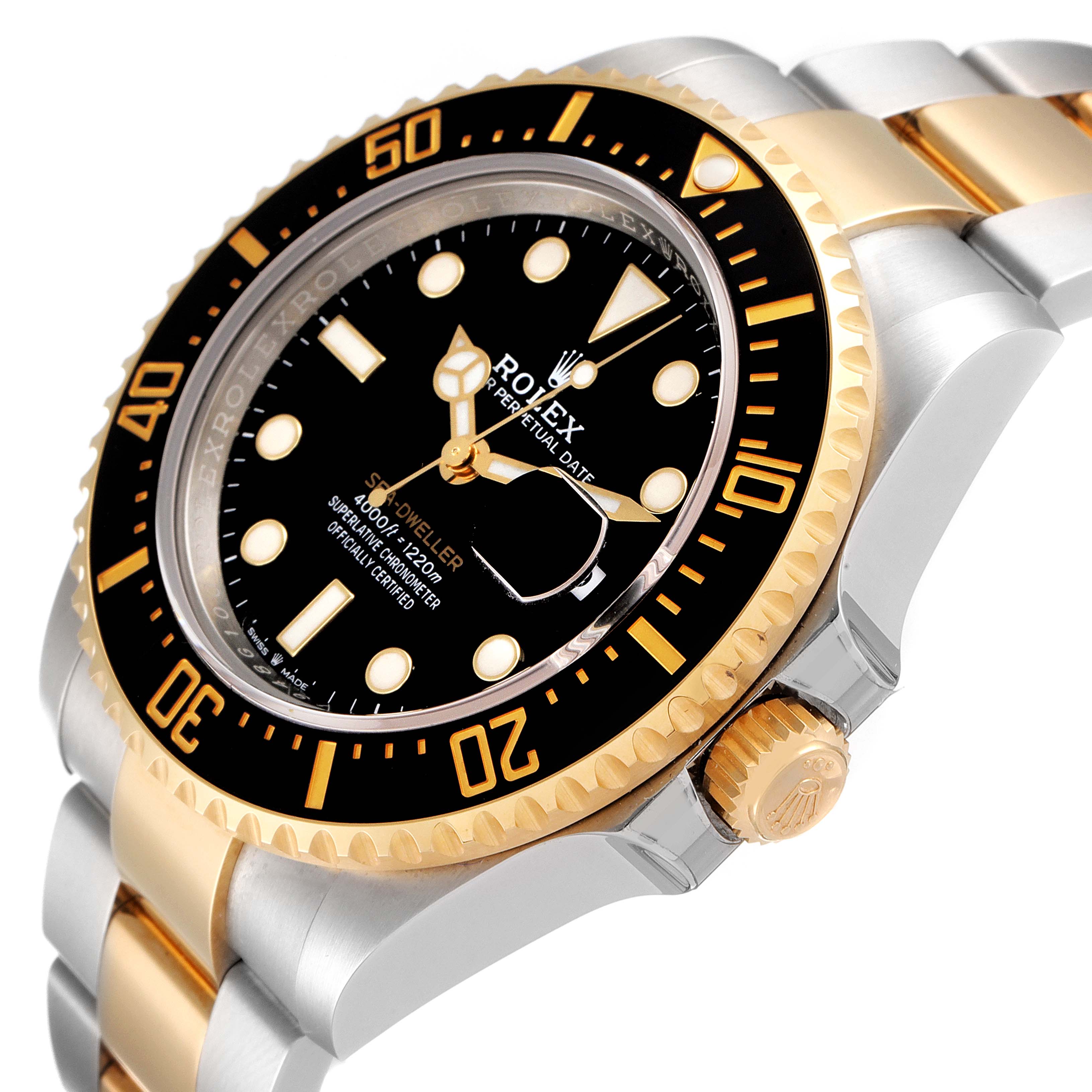 The image shows a close-up, angled view of the Rolex Sea-Dweller 126603 Men's Steel and Gold (two tone) Black Dial 126603 Men's Steel and Gold (two tone) Black Dial watch, highlighting its bezel, crown, and bracelet.
