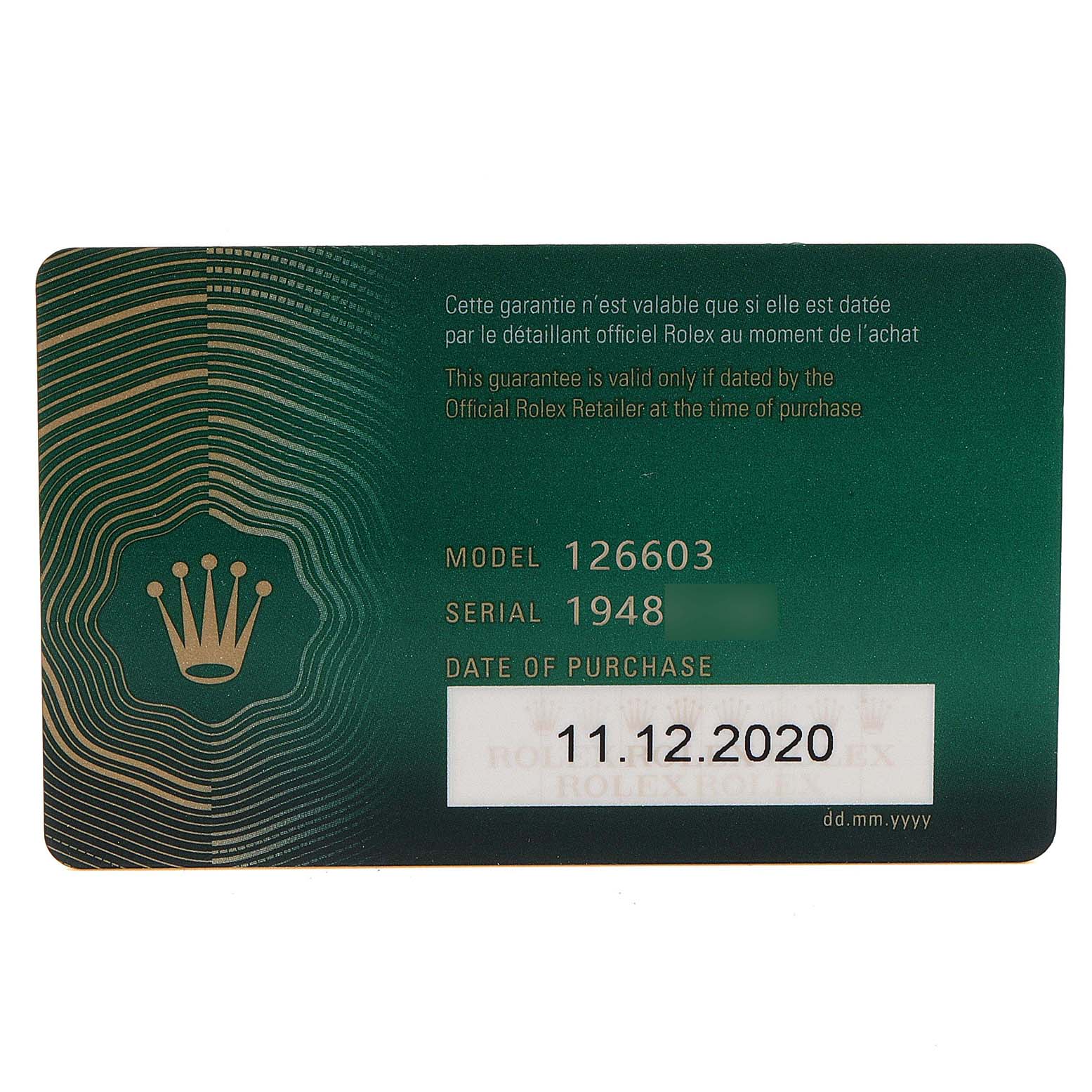 The image shows the warranty card for the Rolex Sea-Dweller 126603 Men's Steel and Gold (two tone) Black Dial 126603 Men's Steel and Gold (two tone) Black Dial model 126603, displaying the serial number and date of purchase.