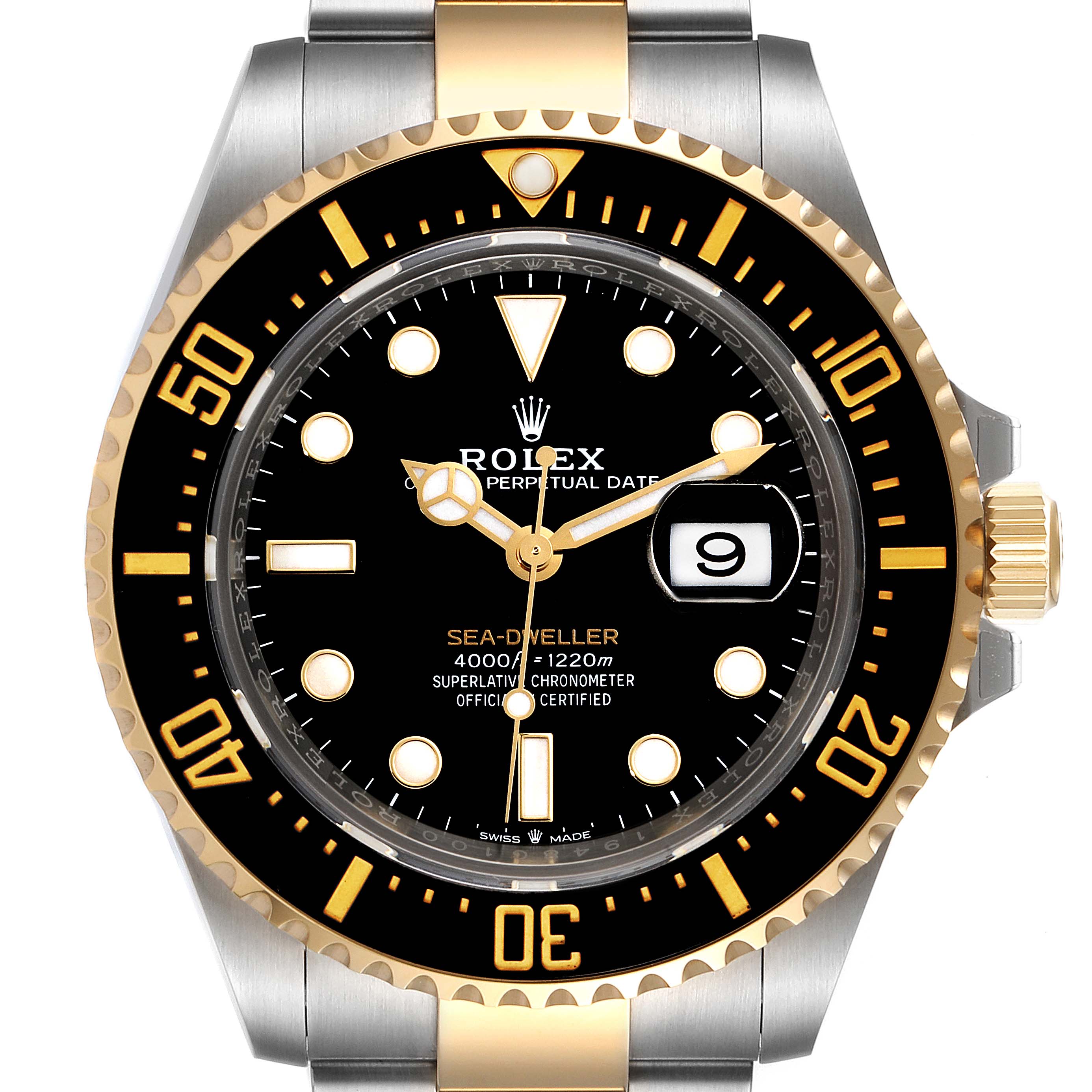 The image shows a close-up, top-down view of the Rolex Sea-Dweller 126603 Men's Steel and Gold (two tone) Black Dial 126603 Men's Steel and Gold (two tone) Black Dial watch, highlighting its dial, bezel, and part of the bracelet.