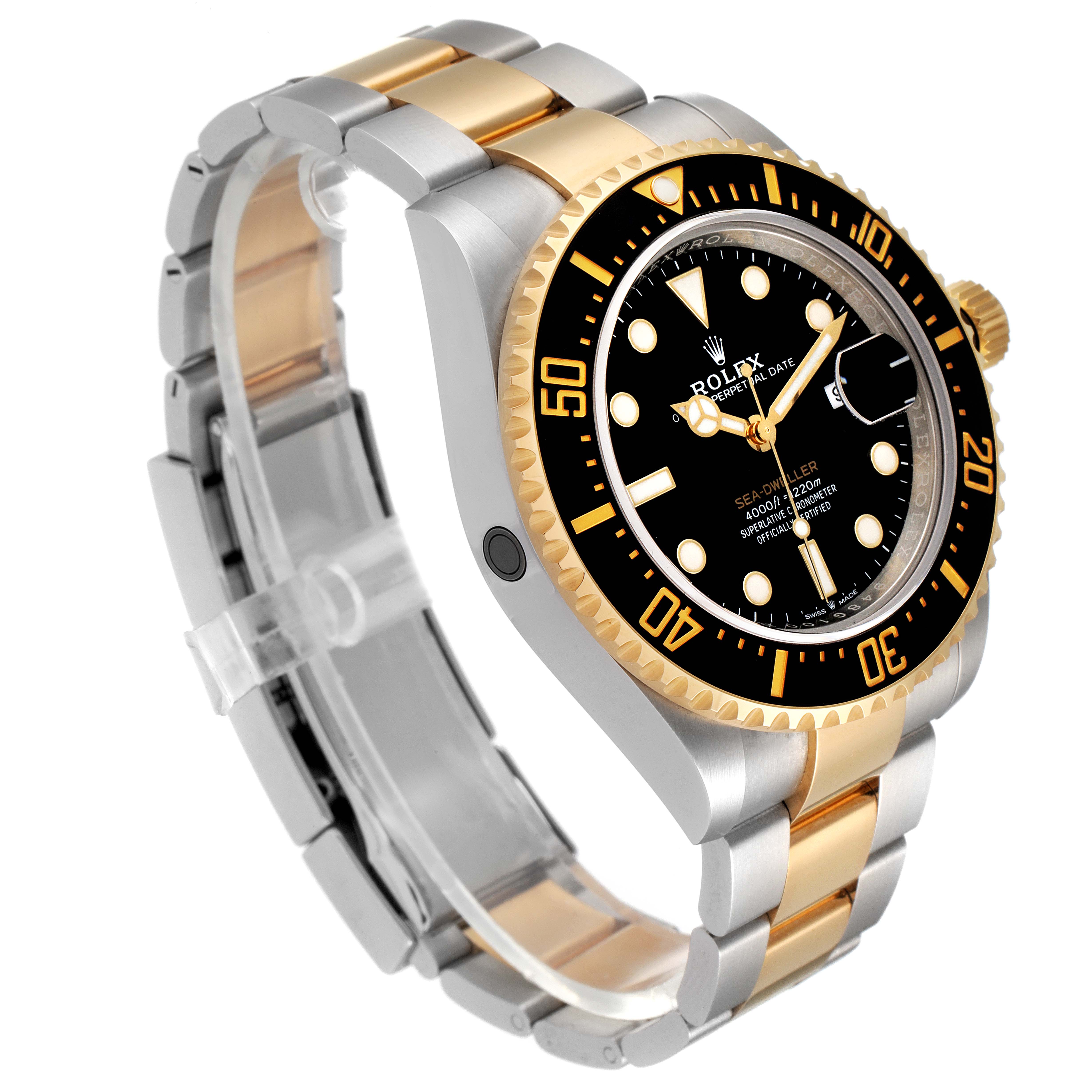 This image shows a side angle of the Rolex Sea-Dweller 126603 Men's Steel and Gold (two tone) Black Dial 126603 Men's Steel and Gold (two tone) Black Dial, highlighting its bezel, dial, and bracelet.