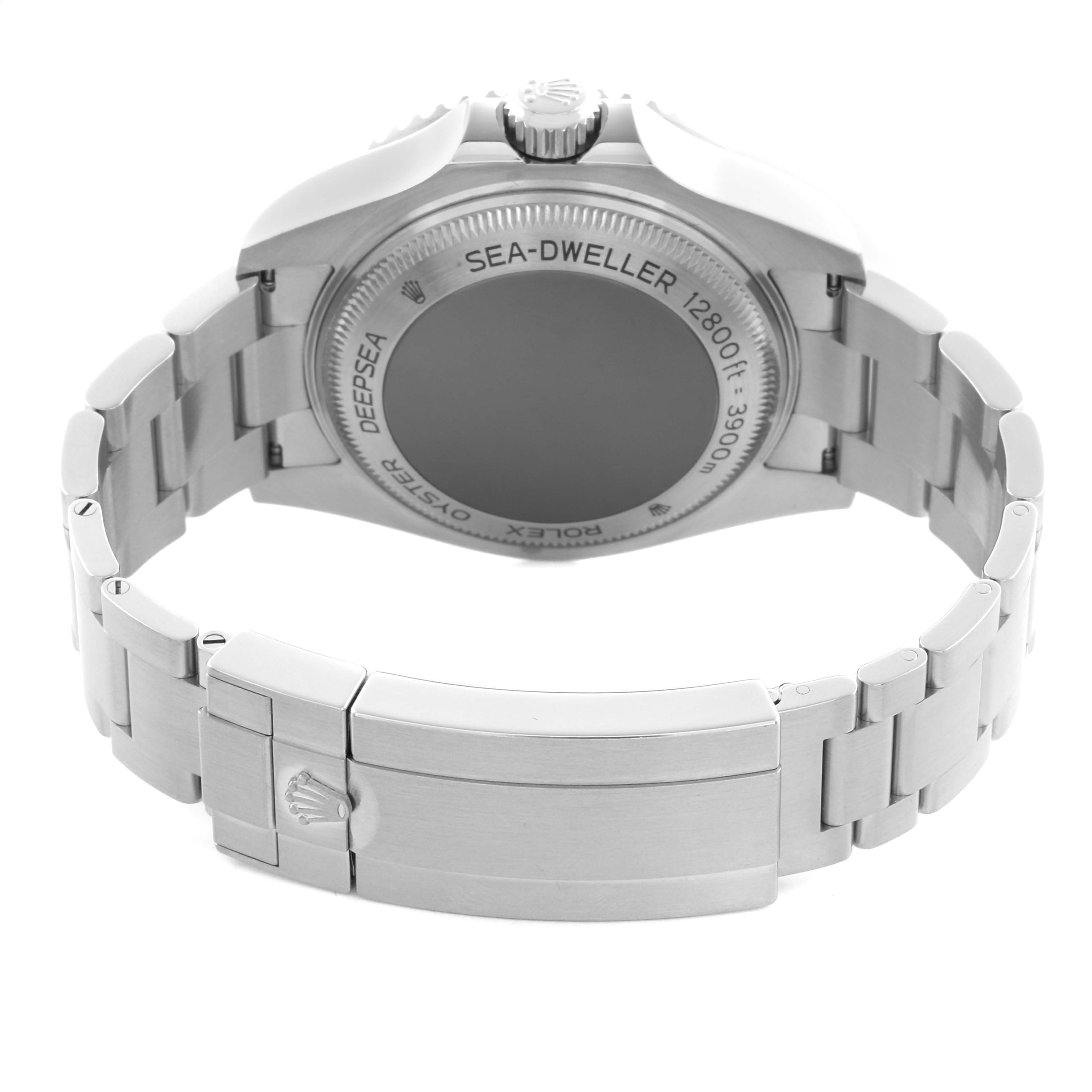 The image shows the back of a Rolex Sea-Dweller 126660 Men's Stainless Steel Black Dial 126660 Men's Stainless Steel Black Dial watch, highlighting the case back and stainless steel bracelet.