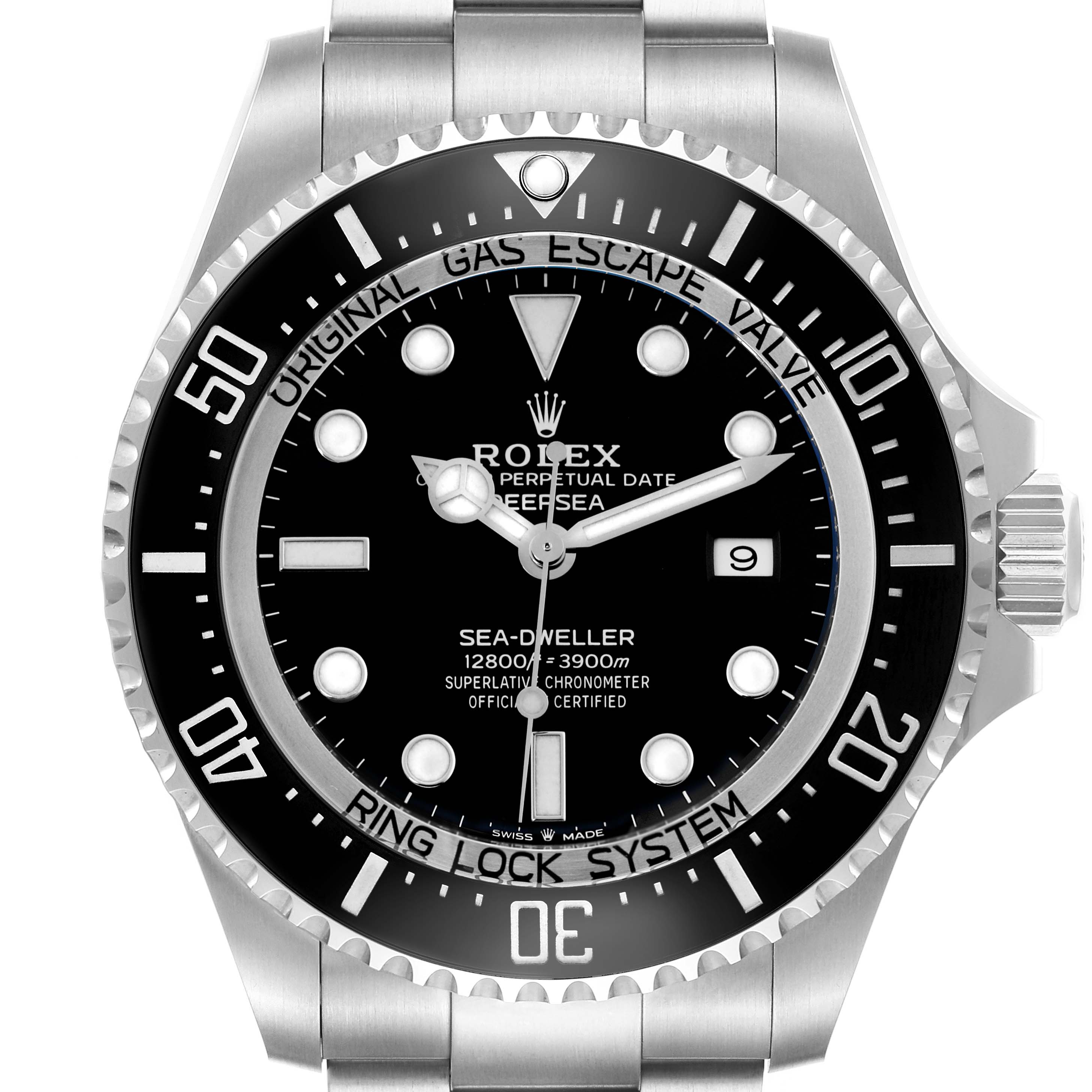 The image shows a front view of the Rolex Sea-Dweller 126660 Men's Stainless Steel Black Dial 126660 Men's Stainless Steel Black Dial watch, highlighting the dial, bezel, and bracelet.