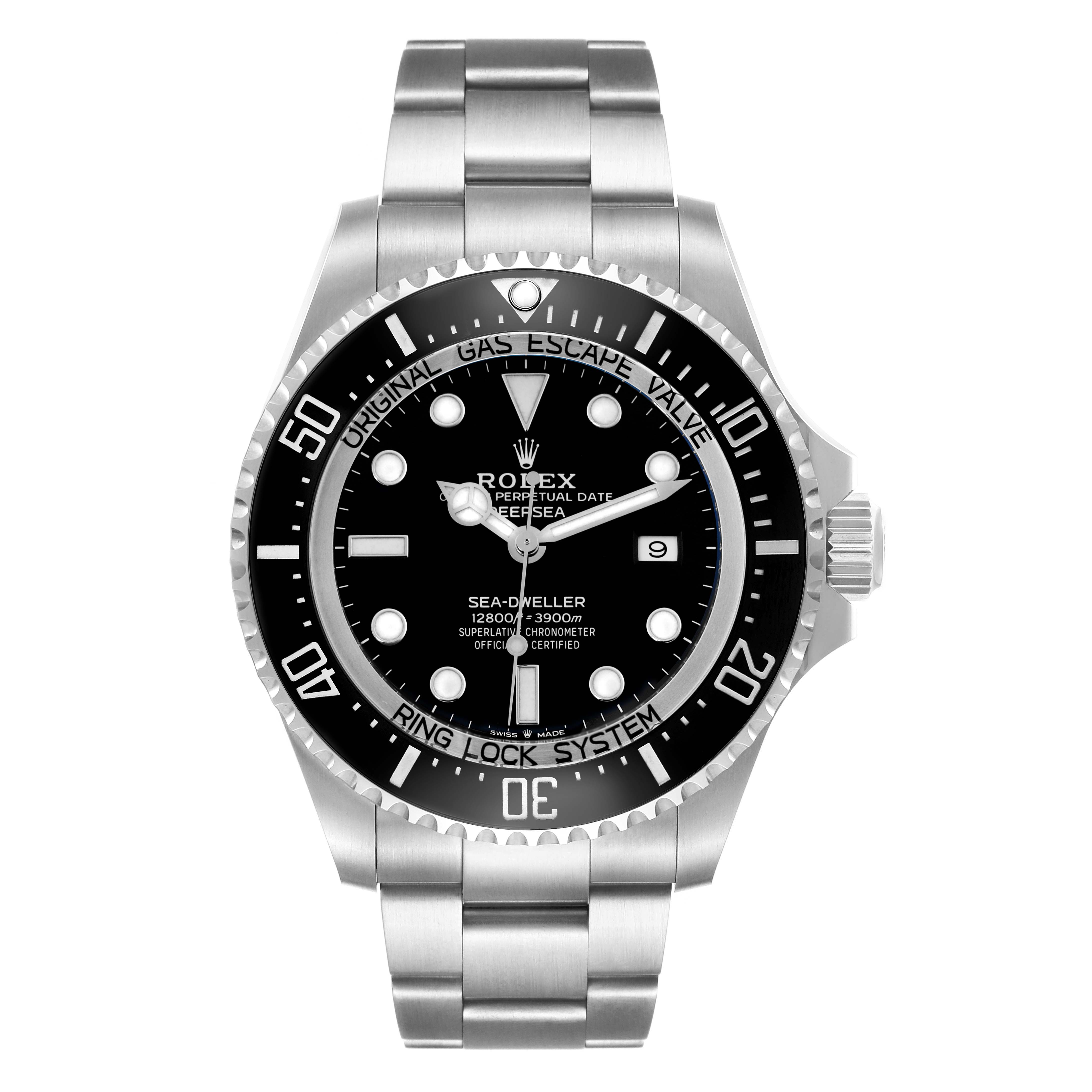 The Rolex Sea-Dweller 126660 Men's Stainless Steel Black Dial 126660 Men's Stainless Steel Black Dial watch is shown from a front view, highlighting its face, bezel, and bracelet.