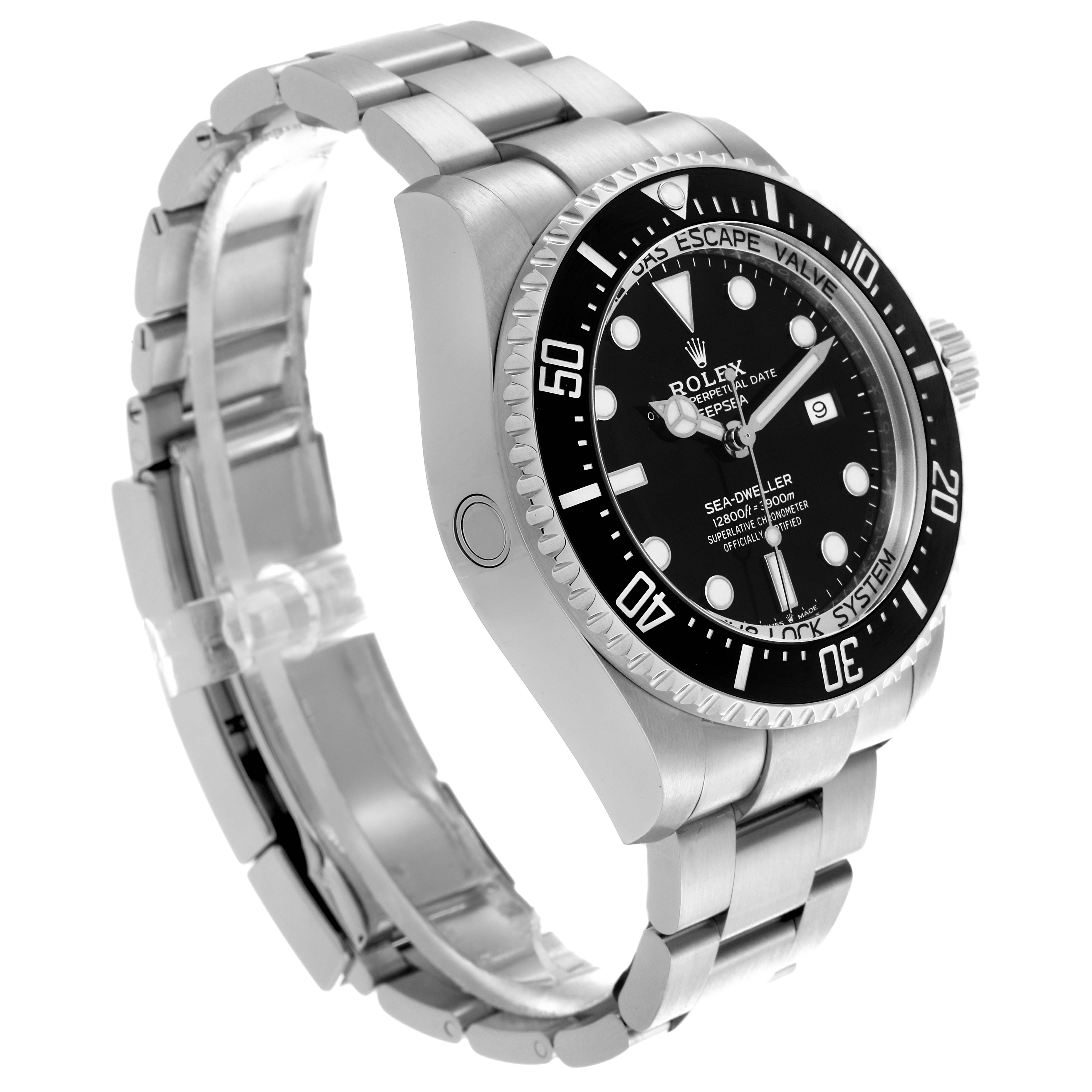 The Rolex Sea-Dweller 126660 Men's Stainless Steel Black Dial 126660 Men's Stainless Steel Black Dial watch is shown at a three-quarter angle, displaying the face, bezel, and part of the bracelet.