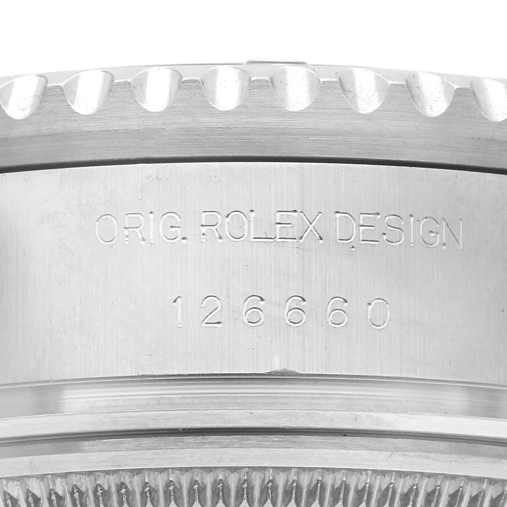 The image shows a side view of the Rolex Sea-Dweller 126660 Men's Stainless Steel Black Dial 126660 Men's Stainless Steel Black Dial case, highlighting the engraved model number and original design marking.