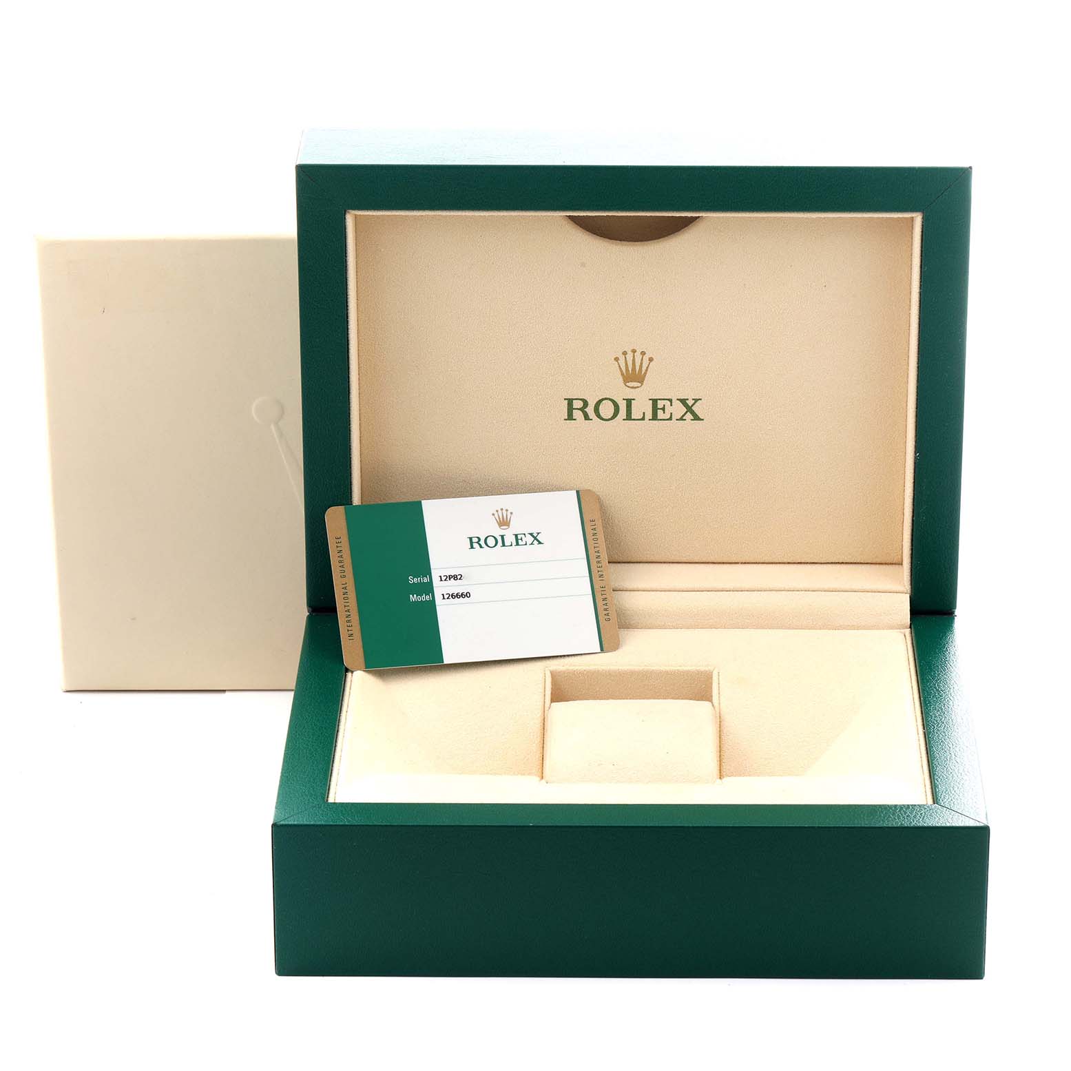 The image shows the open box and warranty card for a Rolex Sea-Dweller 126660 Men's Stainless Steel Black Dial 126660 Men's Stainless Steel Black Dial watch, with the box viewed from the front.
