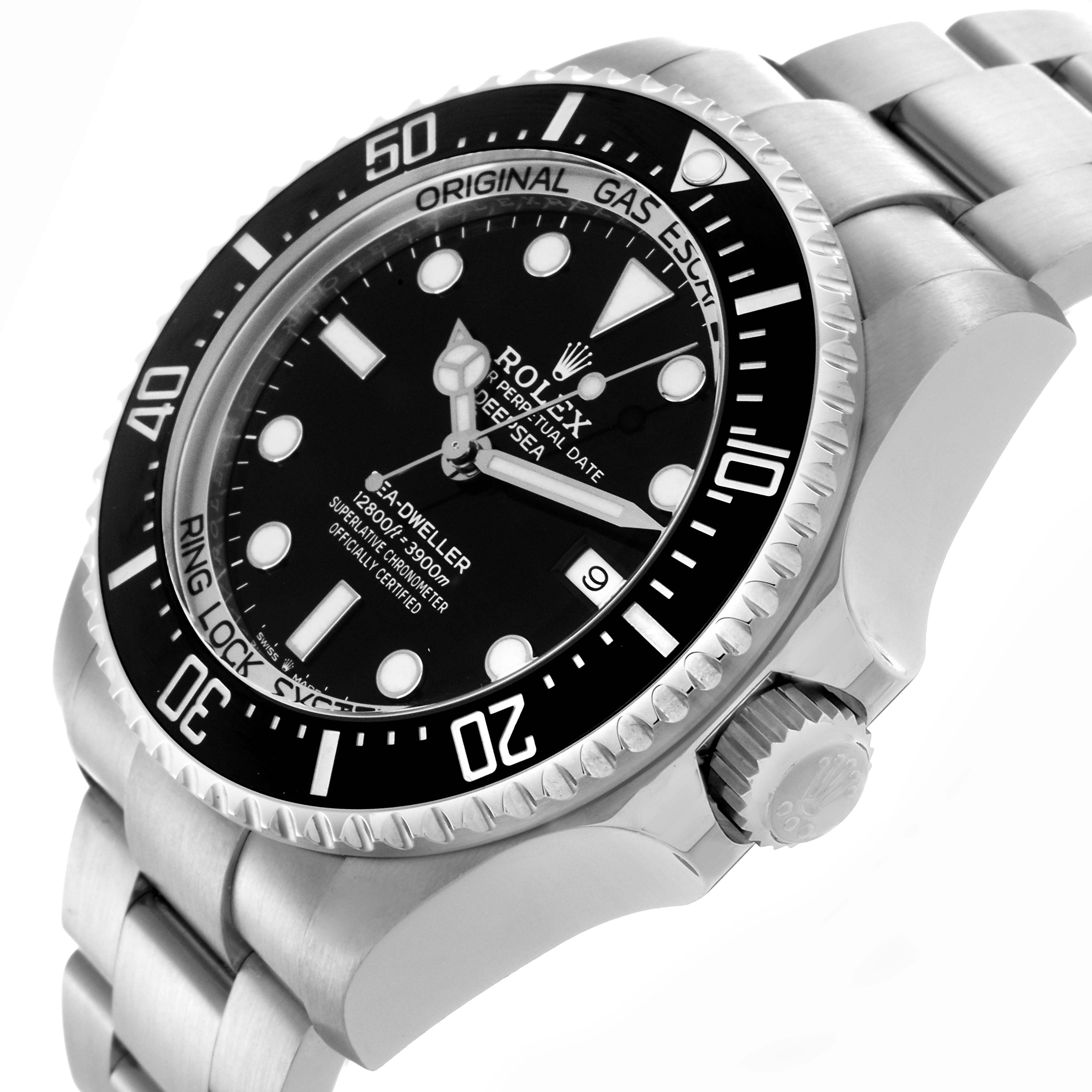 The Rolex Sea-Dweller 126660 Men's Stainless Steel Black Dial 126660 Men's Stainless Steel Black Dial is shown at a side angle, highlighting its bezel, crown, and part of the bracelet.