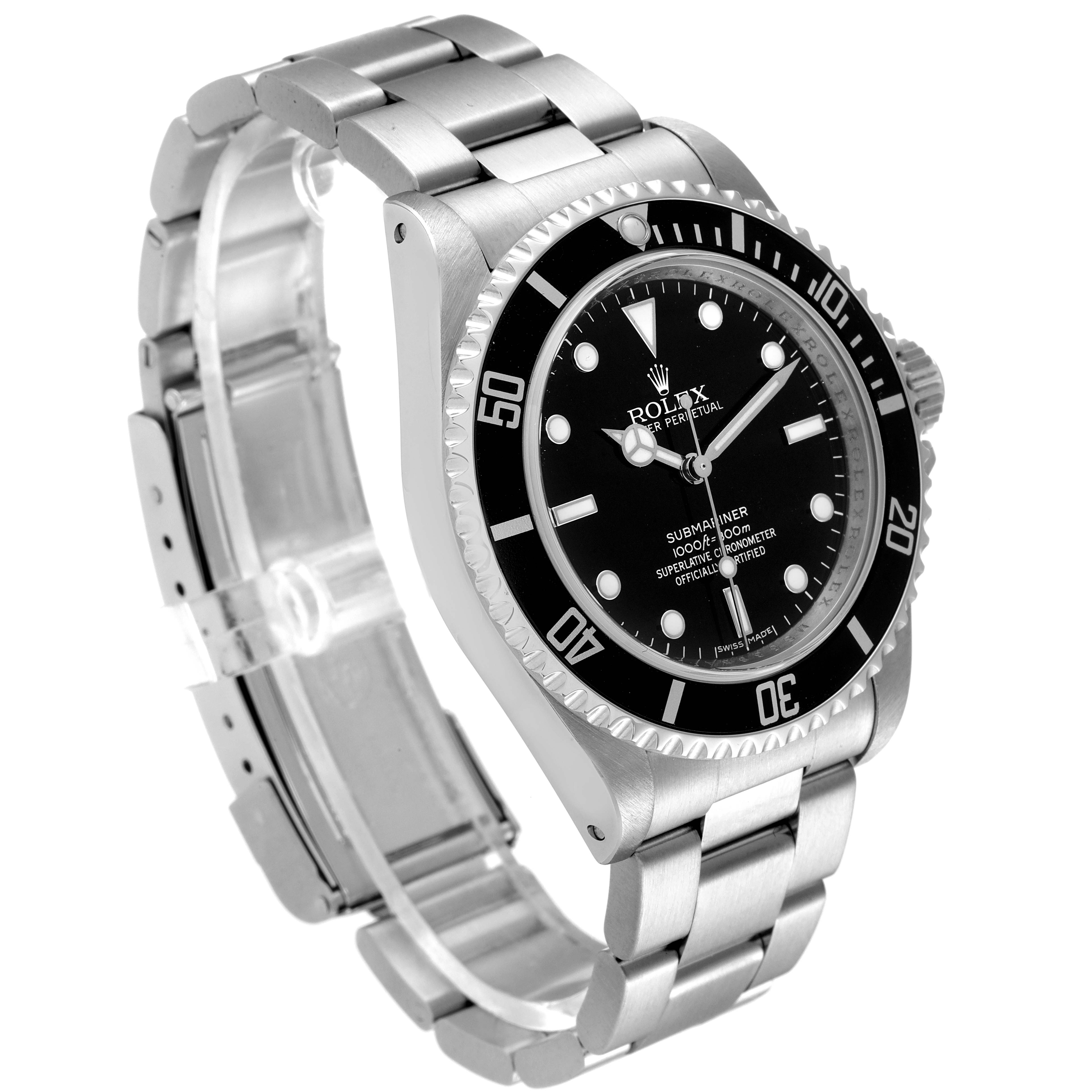 The Rolex Submariner 14060M Men
s Stainless Steel Black Dial 14060M Men
s Stainless Steel Black Dial watch is shown at an angled front view, displaying the face, bezel, and bracelet.