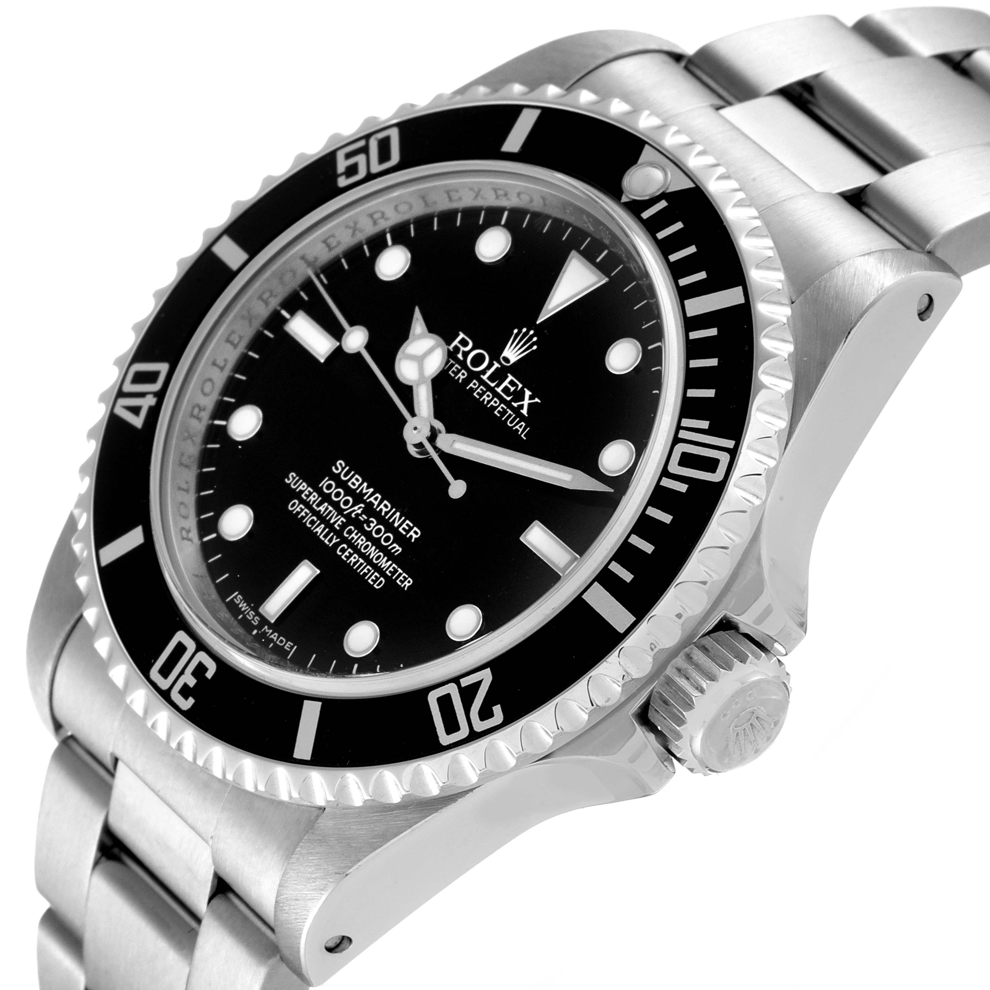 The image shows a side angle of a Rolex Submariner 14060M Men
s Stainless Steel Black Dial 14060M Men
s Stainless Steel Black Dial watch, highlighting the stainless steel band, crown, and black dial face.