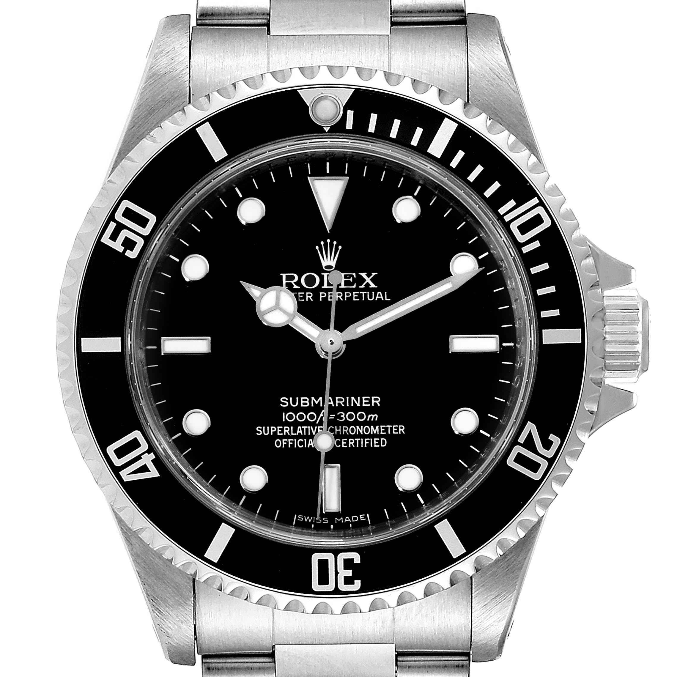The image shows a front view of a Rolex Submariner 14060M Men
s Stainless Steel Black Dial 14060M Men
s Stainless Steel Black Dial watch, highlighting the dial, bezel, case, and bracelet.