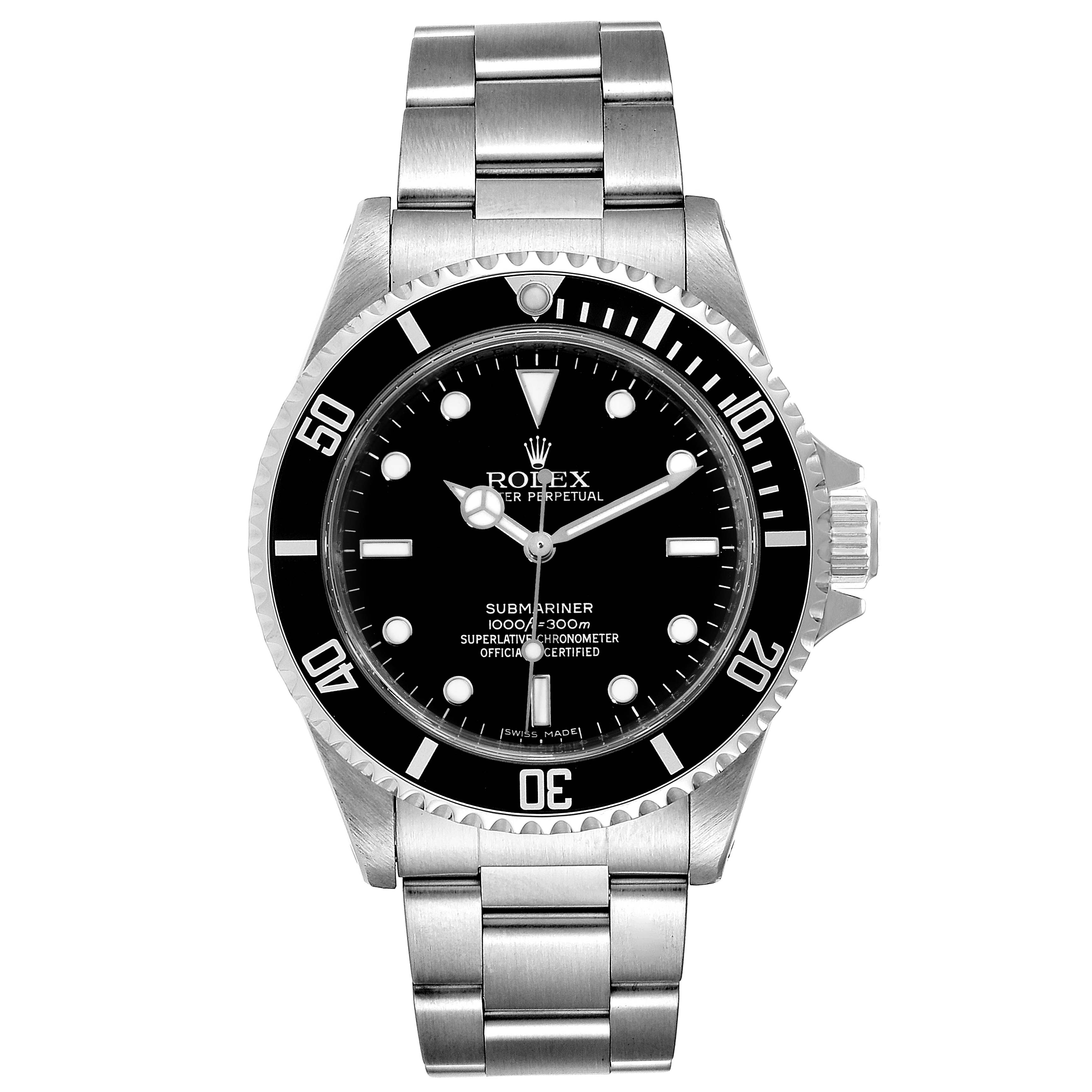 This image shows a front view of the Rolex Submariner 14060M Men
s Stainless Steel Black Dial 14060M Men
s Stainless Steel Black Dial watch, displaying its black dial and stainless steel bracelet.