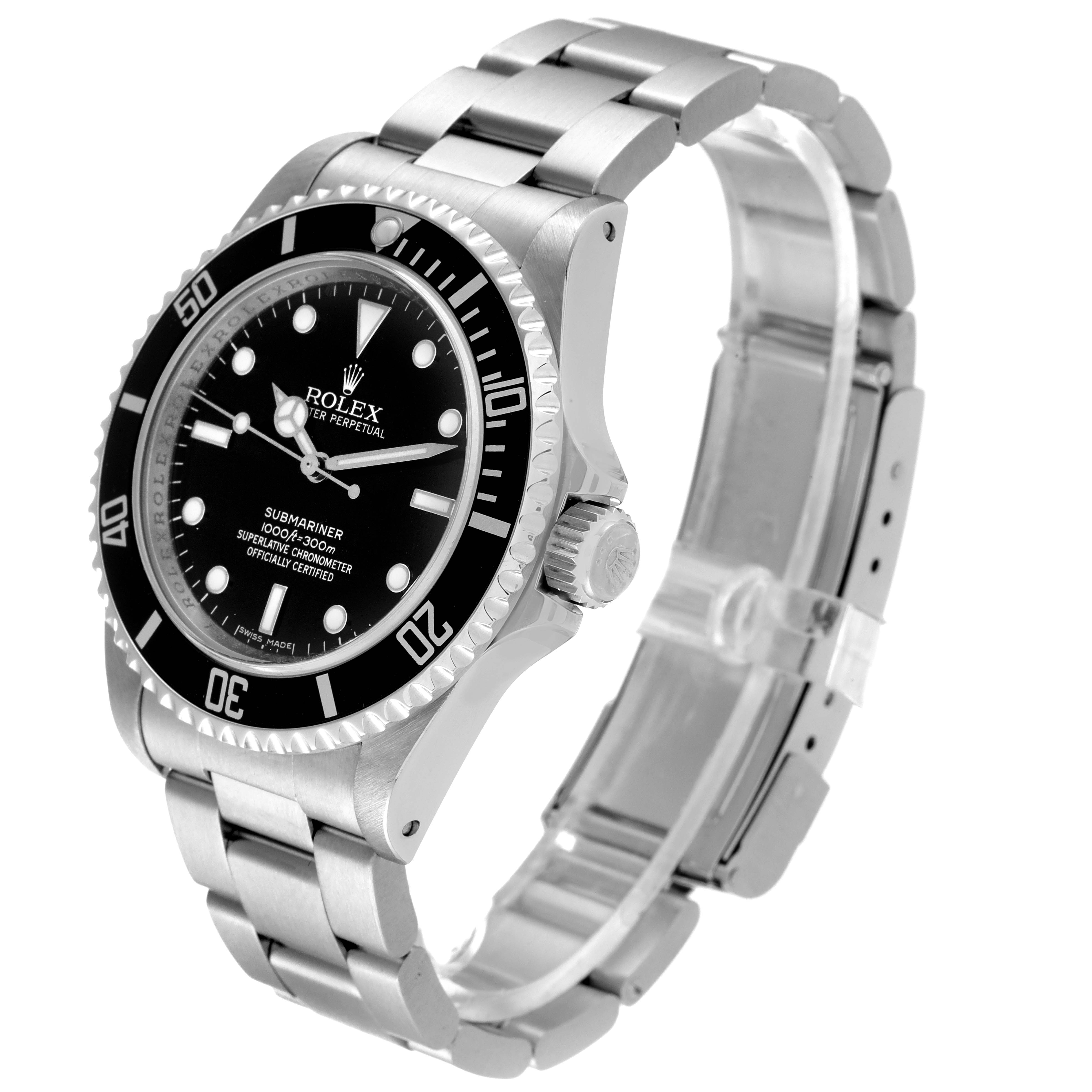 The image shows a side angle of a Rolex Submariner 14060M Men
s Stainless Steel Black Dial 14060M Men
s Stainless Steel Black Dial, displaying its dial, bezel, case, and bracelet.