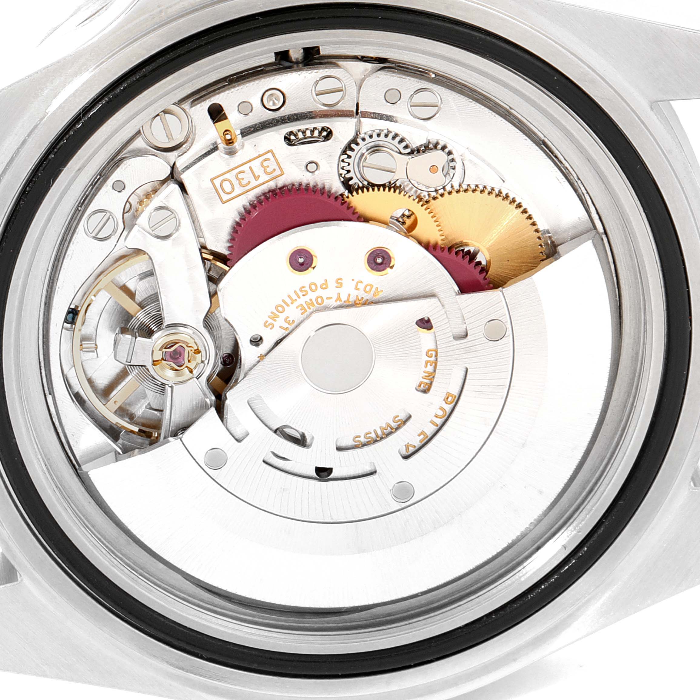 The image shows the internal mechanism of a Rolex Submariner 14060M Men
s Stainless Steel Black Dial 14060M Men
s Stainless Steel Black Dial watch viewed from the back.