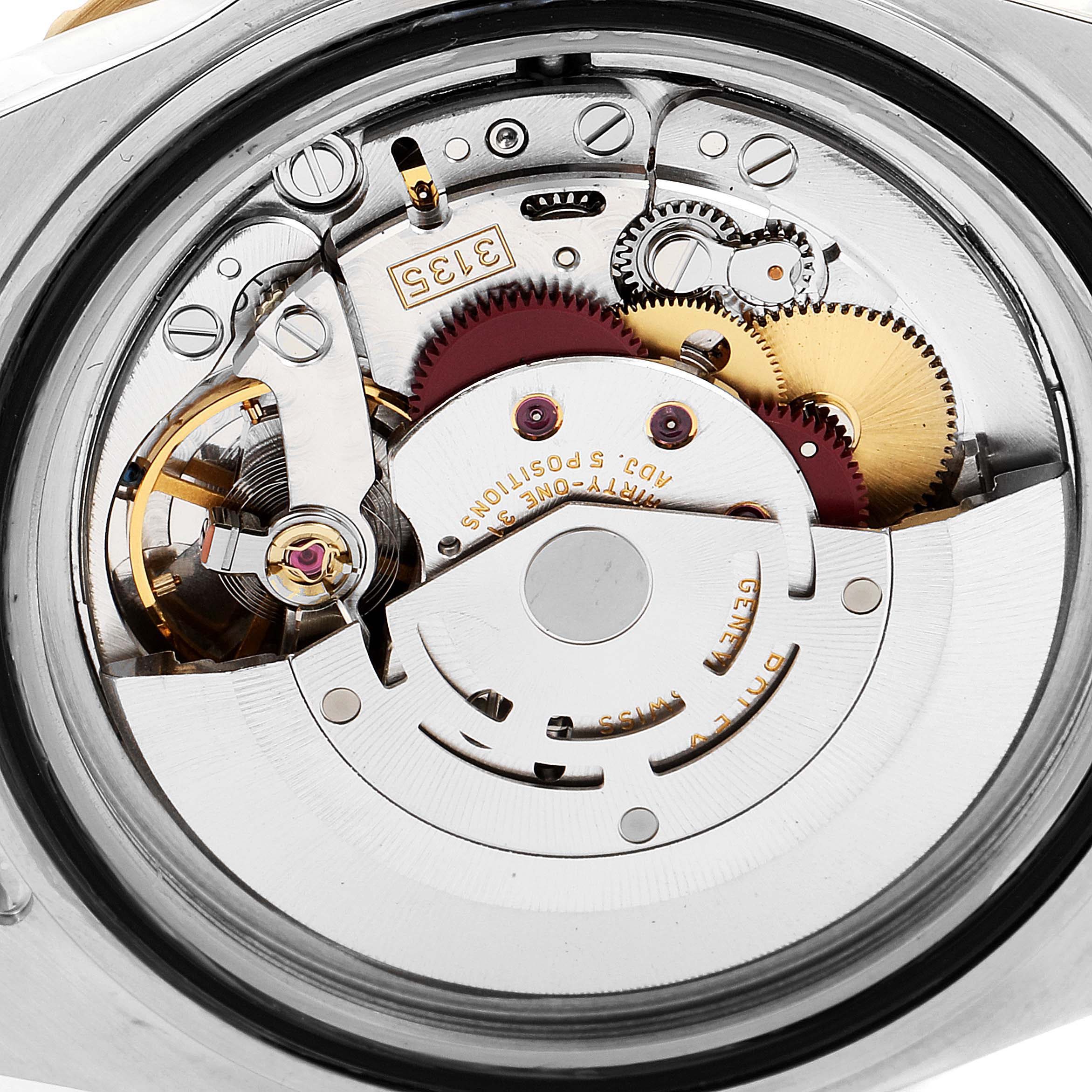 This close-up image shows the intricate internal movement and mechanisms of the Rolex Submariner 16613 Men's Steel and Gold (two tone) Blue Dial 16613 Men's Steel and Gold (two tone) Blue Dial watch.