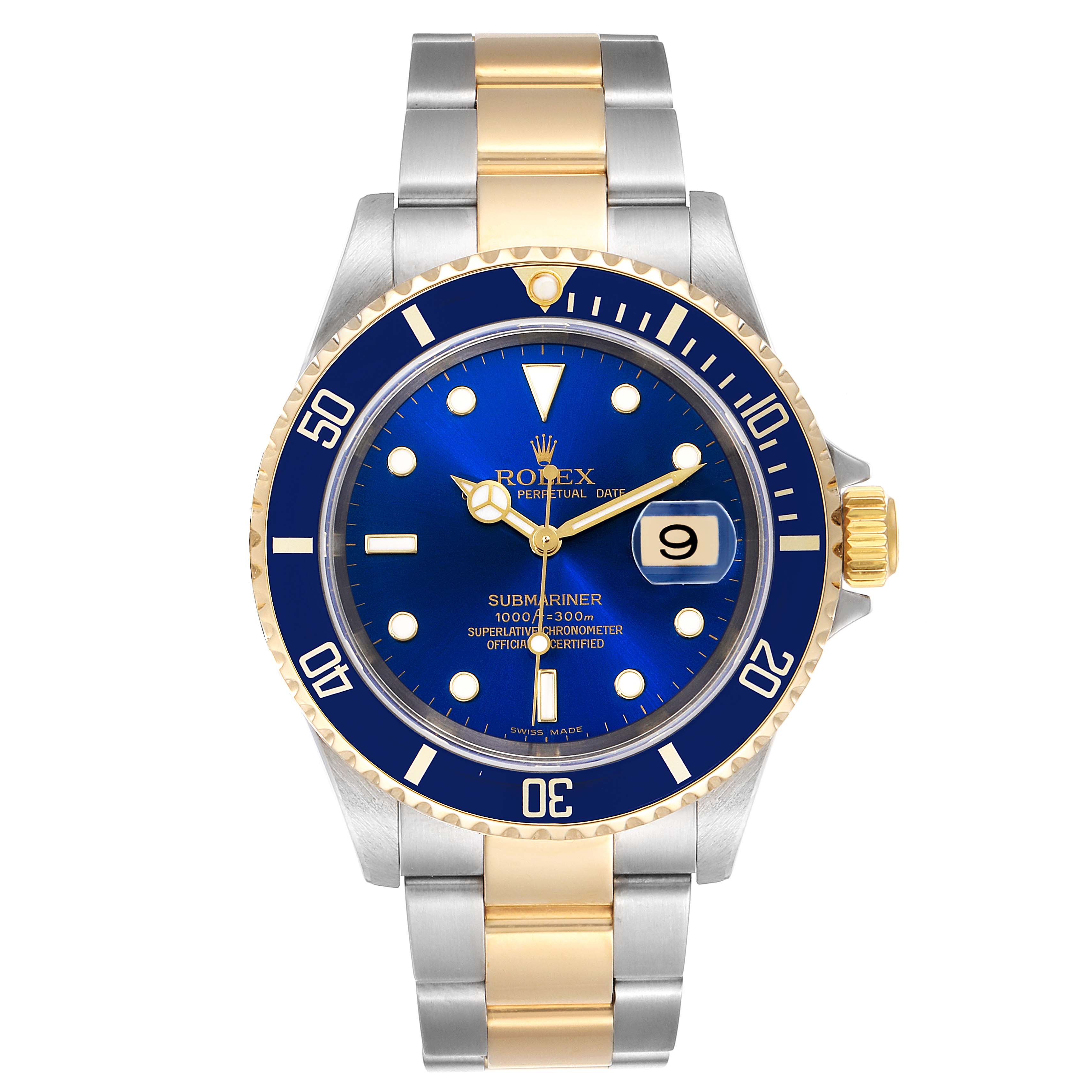 The image shows a Rolex Submariner 16613 Men's Steel and Gold (two tone) Blue Dial 16613 Men's Steel and Gold (two tone) Blue Dial watch from the front, displaying its blue dial, gold and silver bracelet, and date feature at 3 o'clock.