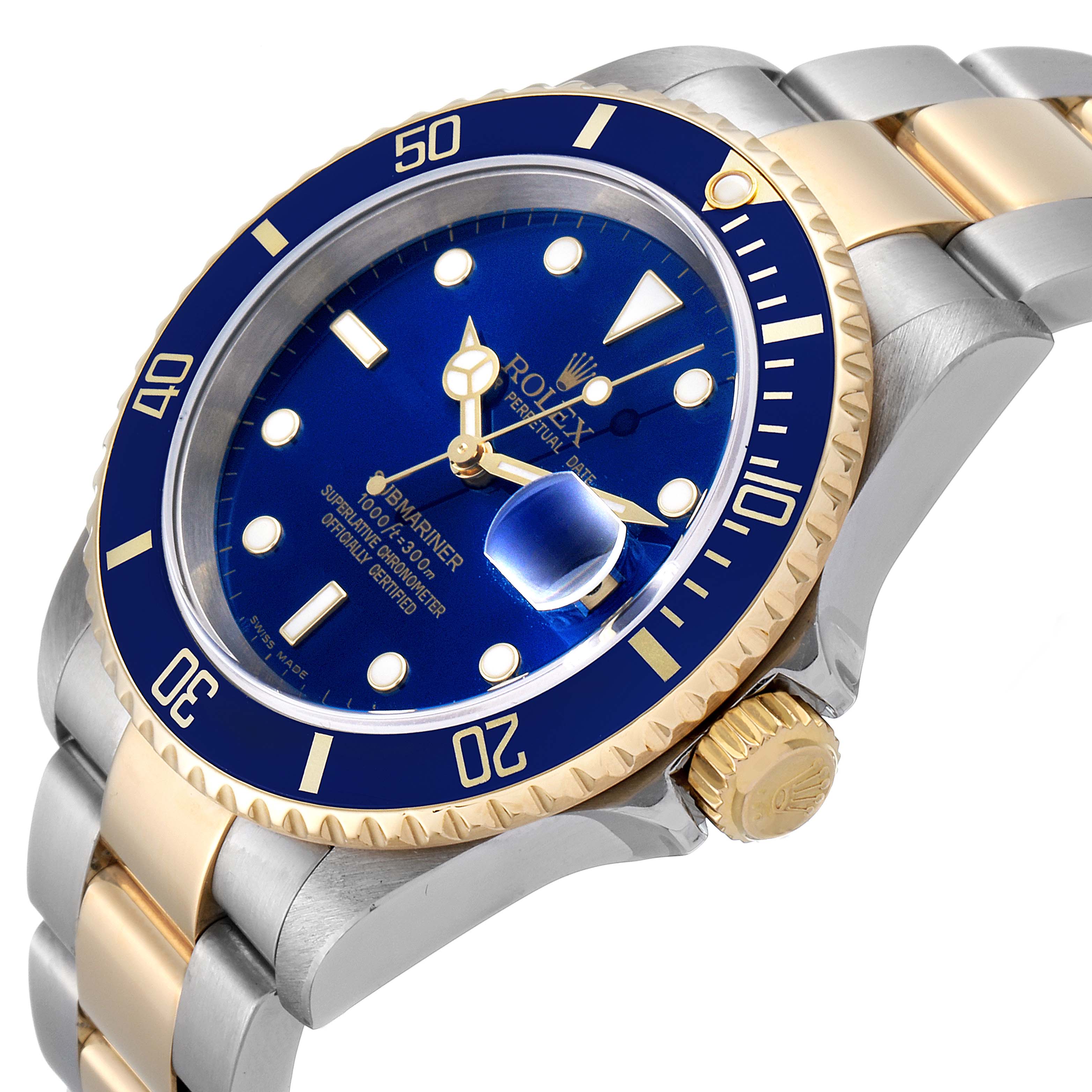 The Rolex Submariner 16613 Men's Steel and Gold (two tone) Blue Dial 16613 Men's Steel and Gold (two tone) Blue Dial watch is shown from an angled side view, highlighting its blue dial, bezel, and two-tone metal bracelet.