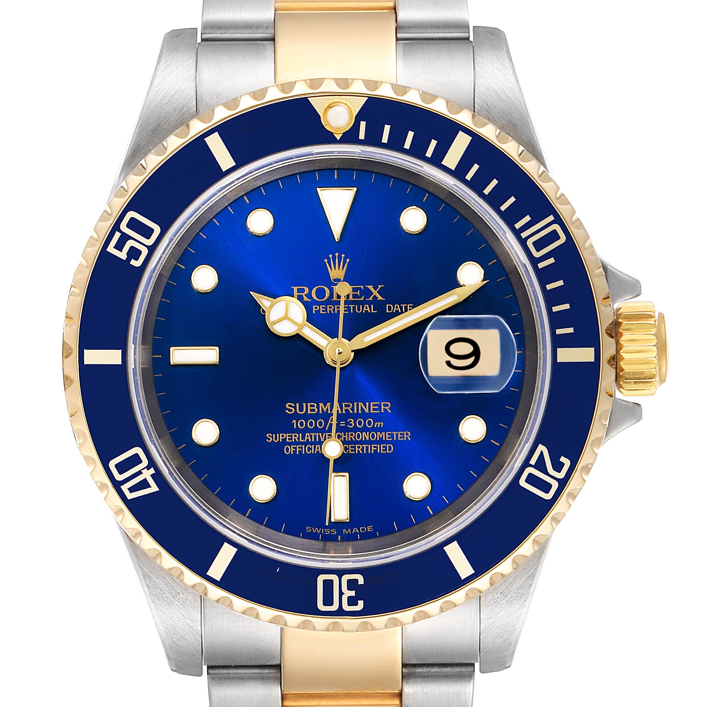 This straight-on shot shows the face of the Rolex Submariner 16613 Men's Steel and Gold (two tone) Blue Dial 16613 Men's Steel and Gold (two tone) Blue Dial, highlighting its blue dial, markers, hands, and date display.
