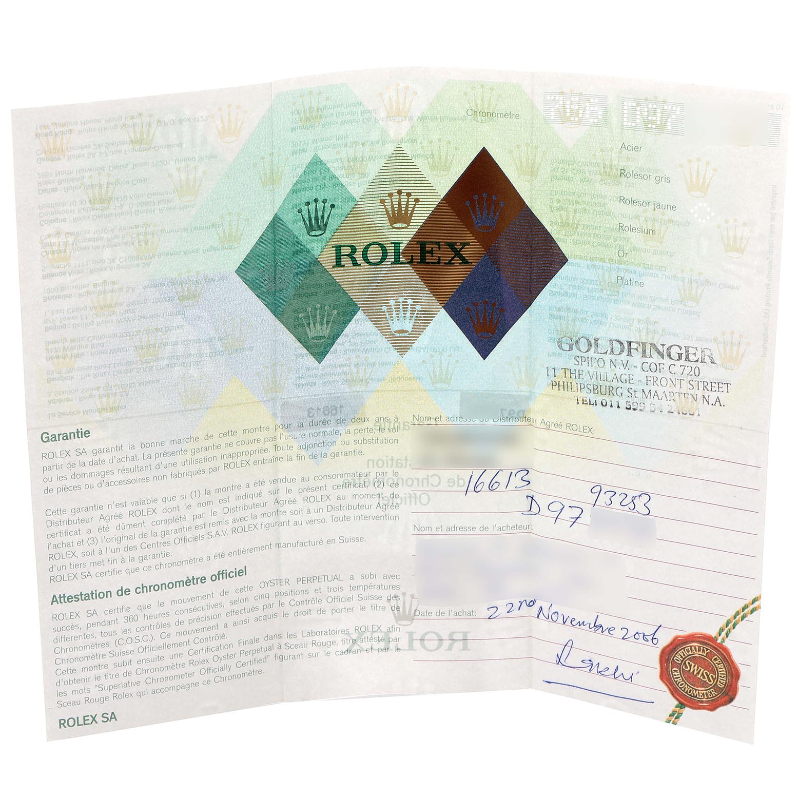 The image shows a warranty certificate for a Rolex Submariner 16613 Men's Steel and Gold (two tone) Blue Dial 16613 Men's Steel and Gold (two tone) Blue Dial, displaying text and branding details.