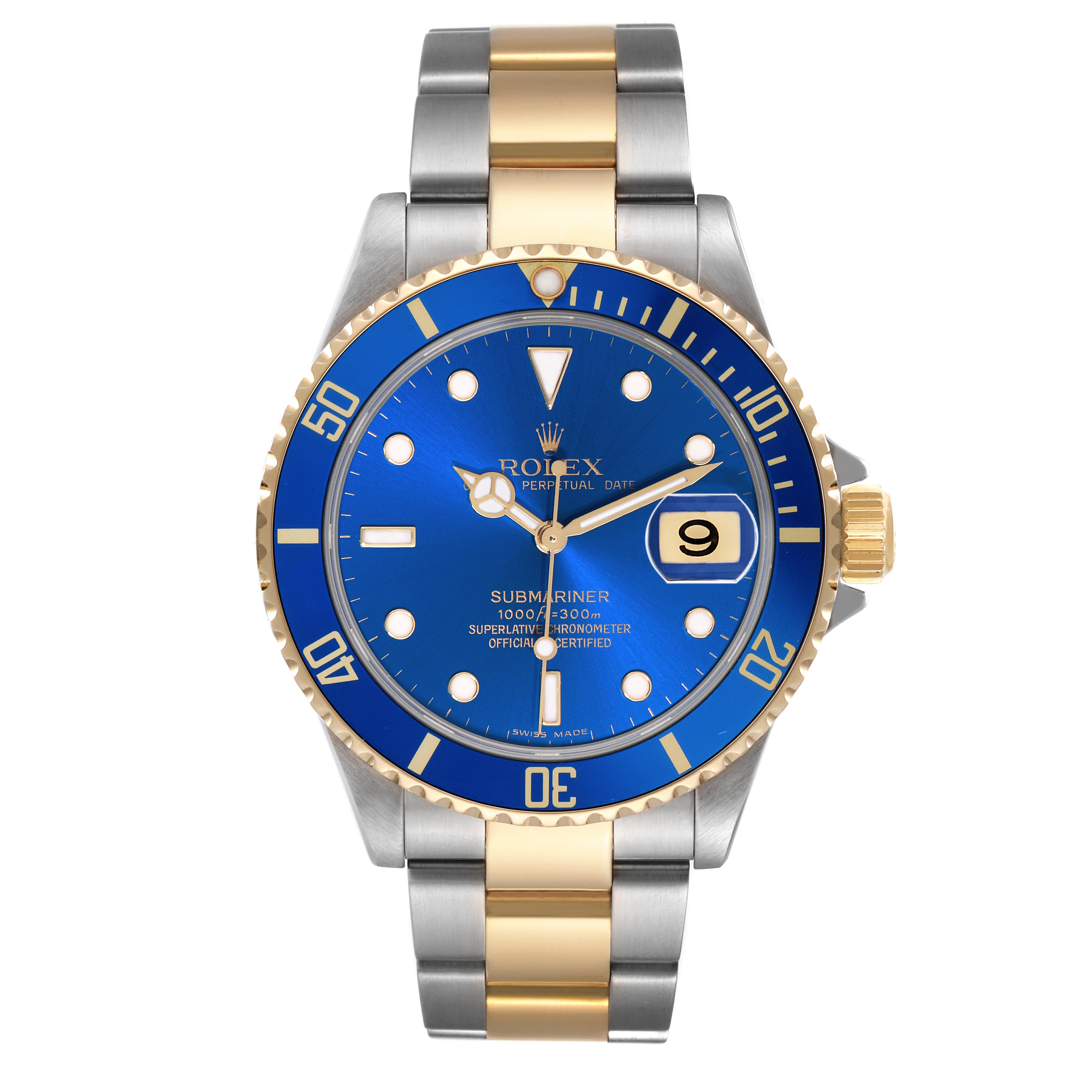 The Rolex Submariner 16613 Men's Steel and Gold (two tone) Blue Dial 16613 Men's Steel and Gold (two tone) Blue Dial watch is shown from the front, displaying its blue dial, gold and silver bracelet, and date window.