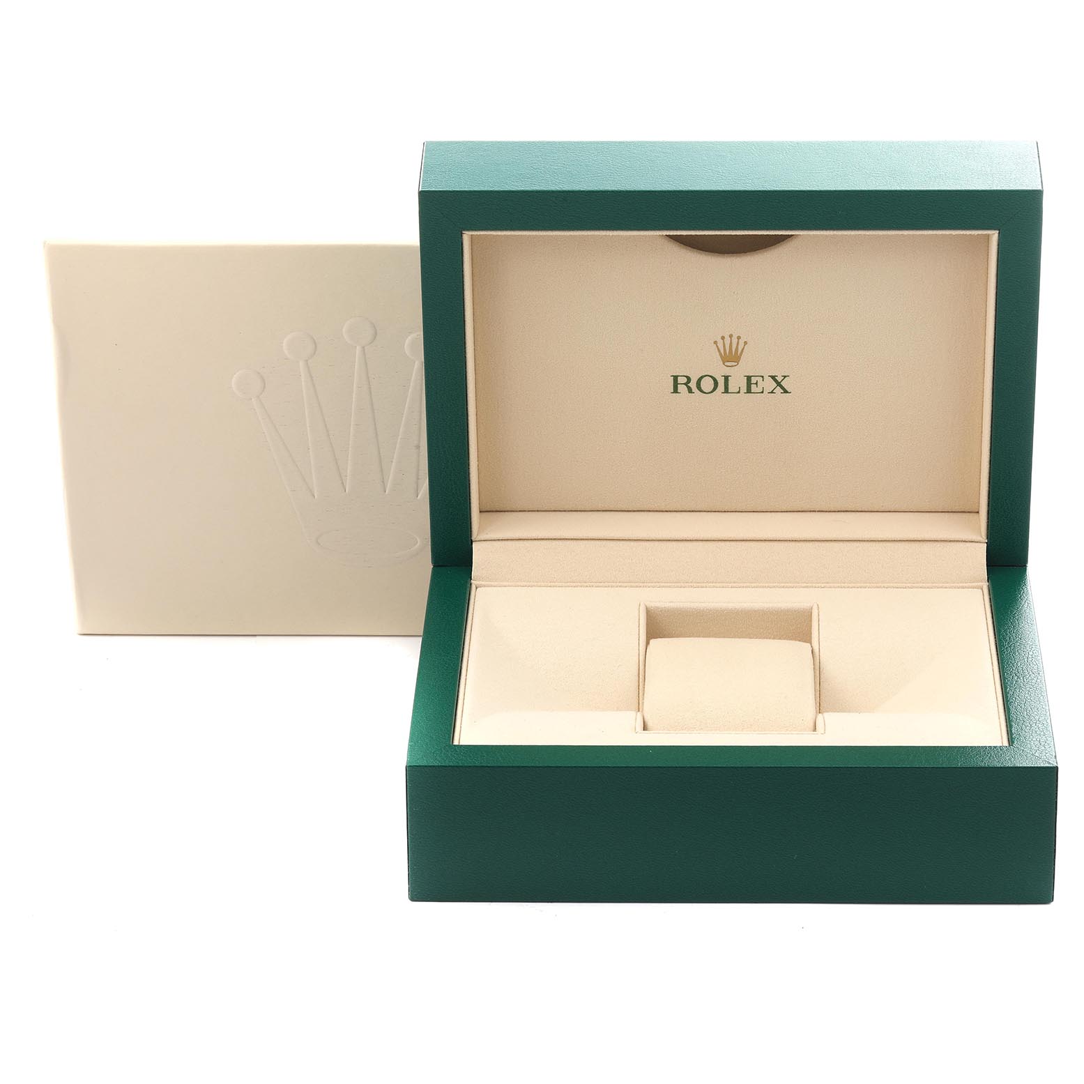 The image shows an open green and beige Rolex box for a Submariner watch with a crown logo inside.