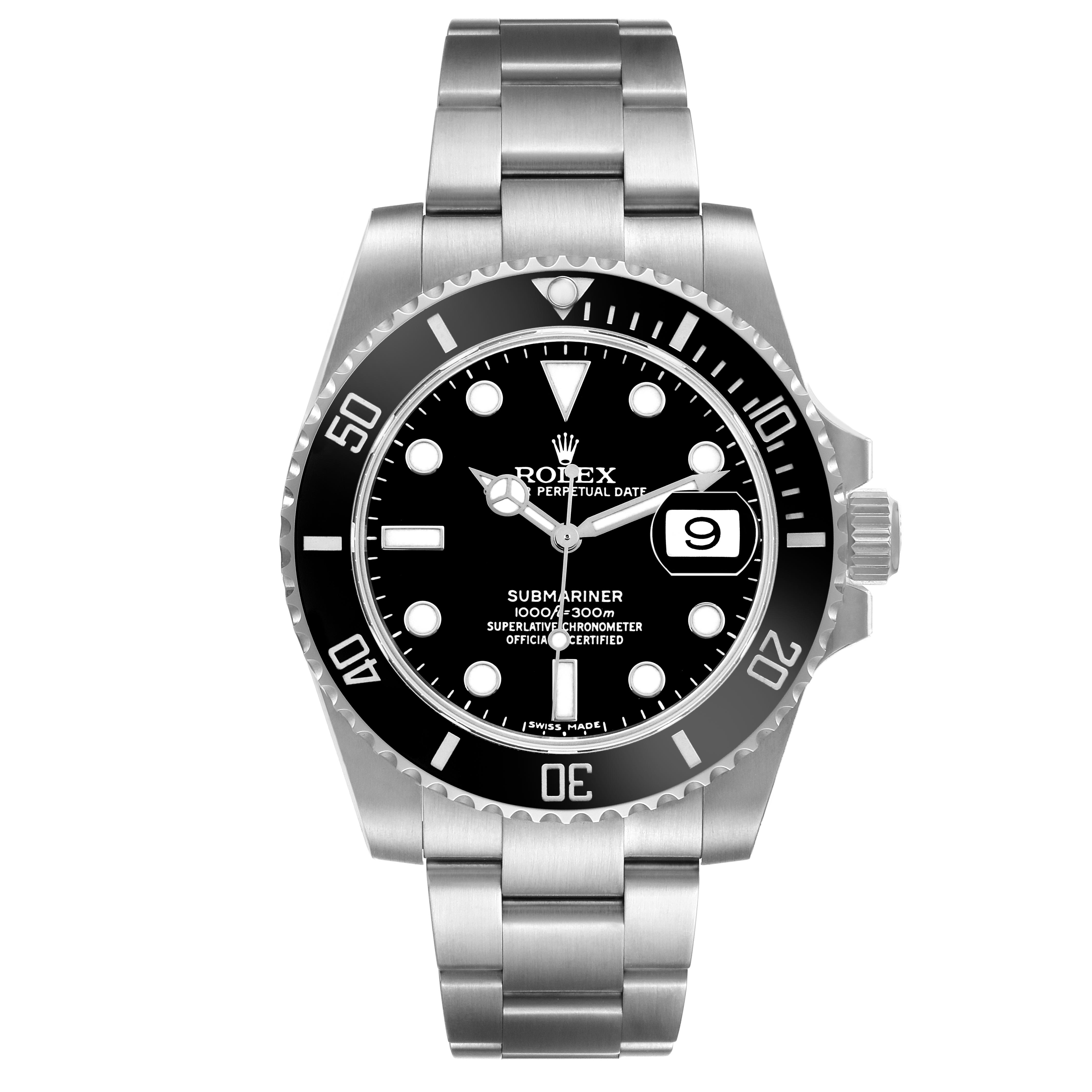 The Rolex Submariner 116610LN Men's Stainless Steel Black Dial 116610LN Men's Stainless Steel Black Dial watch is shown from the front, displaying the dial, bezel, and bracelet.