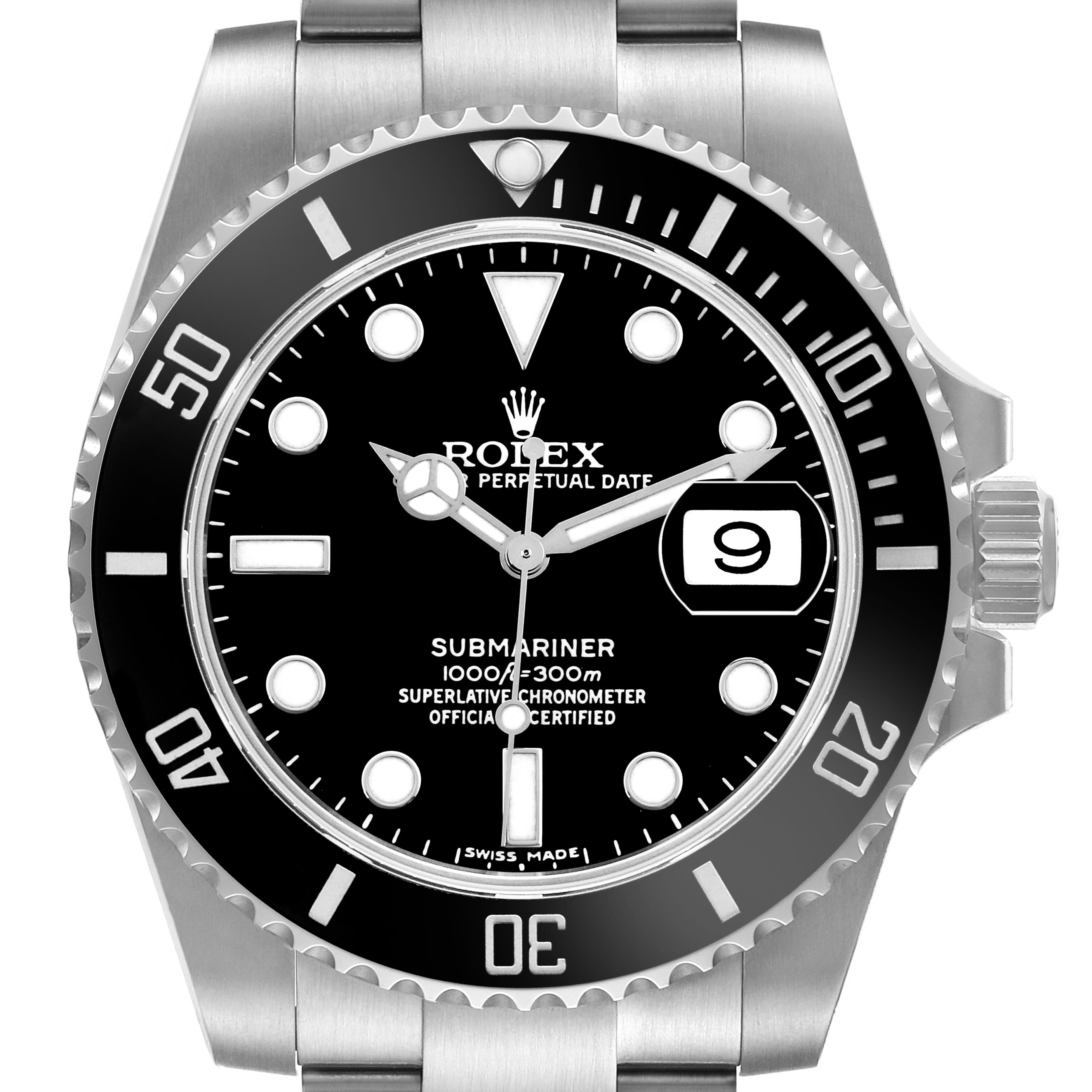 The Rolex Submariner 116610LN Men's Stainless Steel Black Dial 116610LN Men's Stainless Steel Black Dial watch is shown from a top view, highlighting its bezel, black dial, date window, and oyster bracelet.