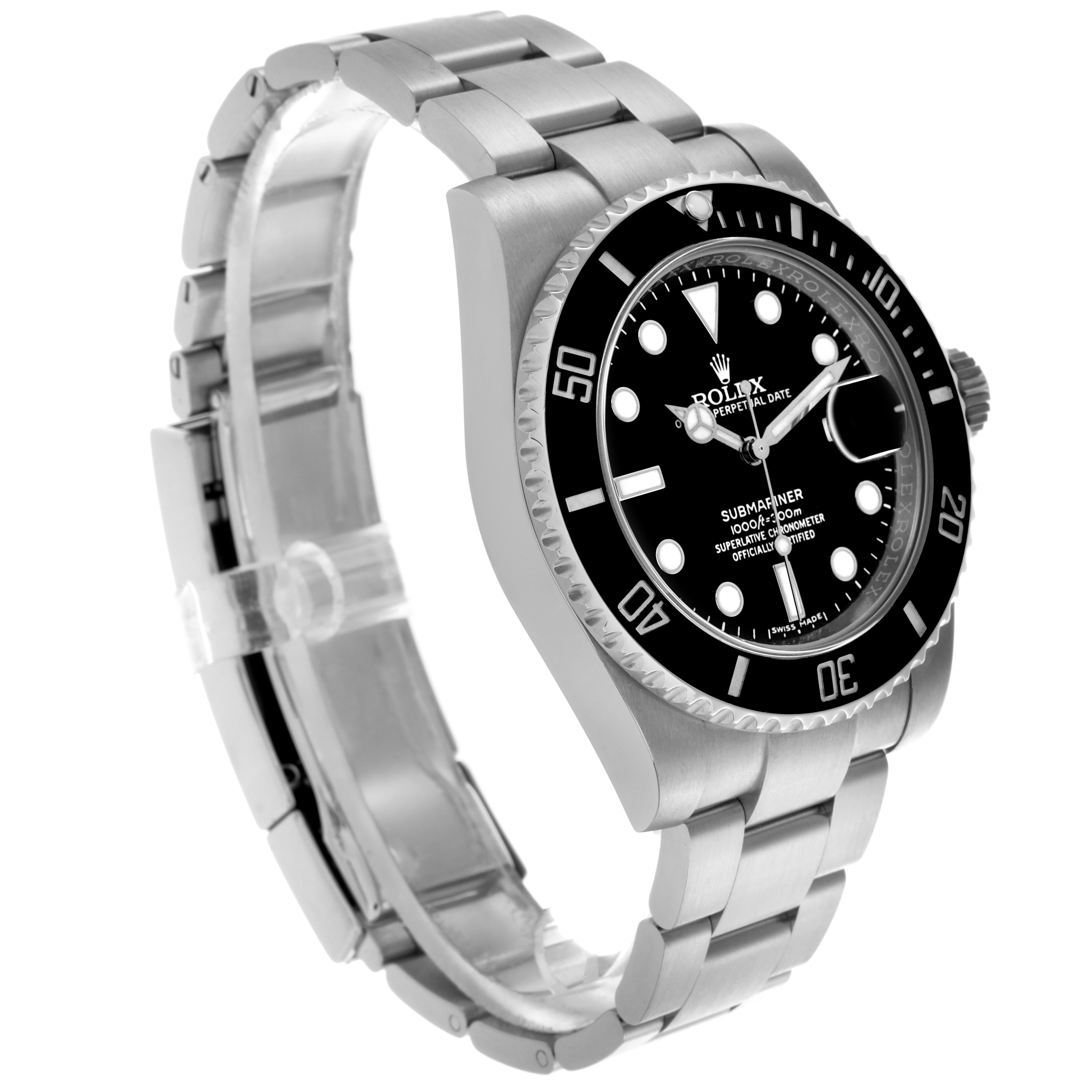The image shows a Rolex Submariner 116610LN Men's Stainless Steel Black Dial 116610LN Men's Stainless Steel Black Dial watch at a side angle, highlighting the bracelet, case, bezel, and dial.