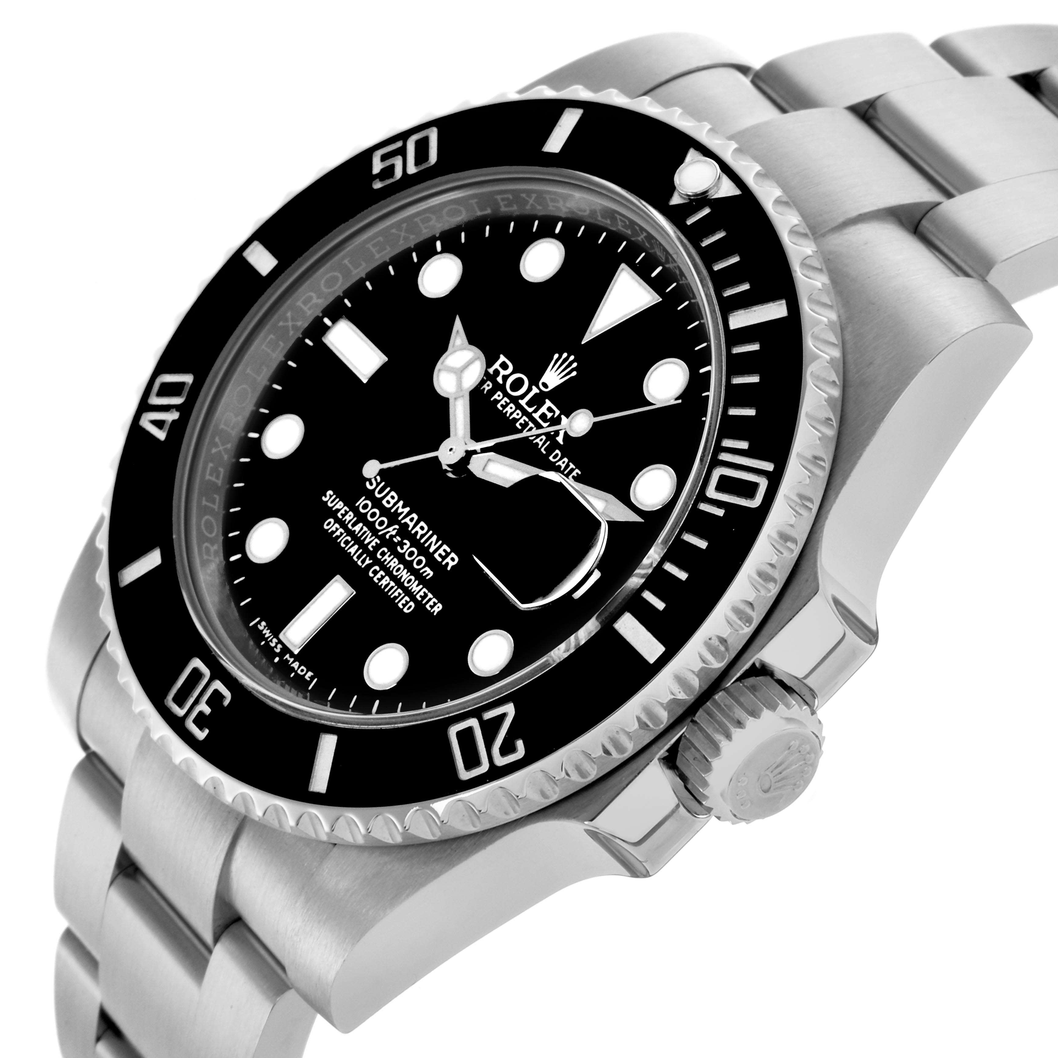 The Rolex Submariner 116610LN Men's Stainless Steel Black Dial 116610LN Men's Stainless Steel Black Dial watch is shown from a side angle, highlighting the bezel, dial, crown, and part of the bracelet.