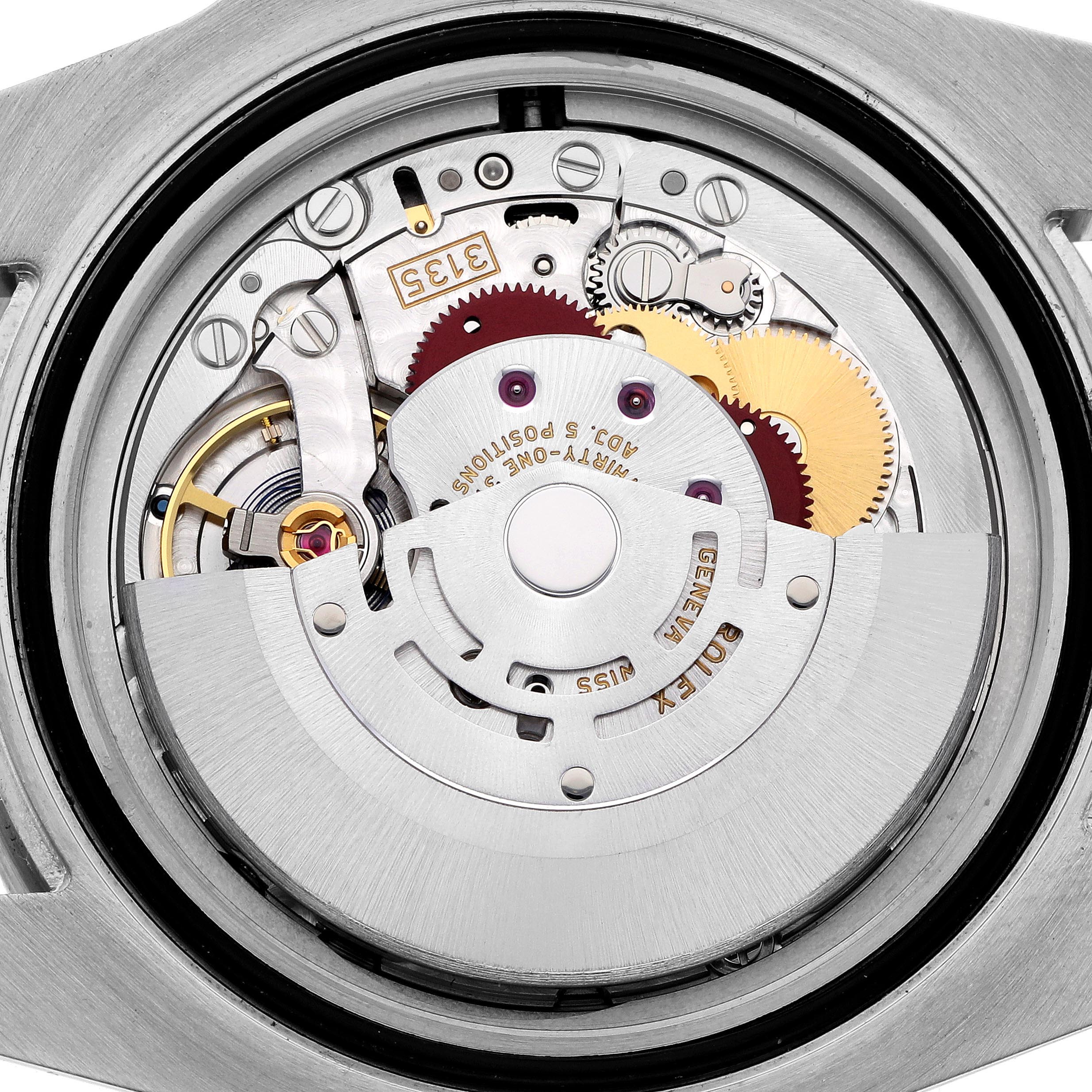 The image shows the internal mechanism of a Rolex Submariner 116610LN Men's Stainless Steel Black Dial 116610LN Men's Stainless Steel Black Dial watch, viewed from the back with visible gears and rotor.