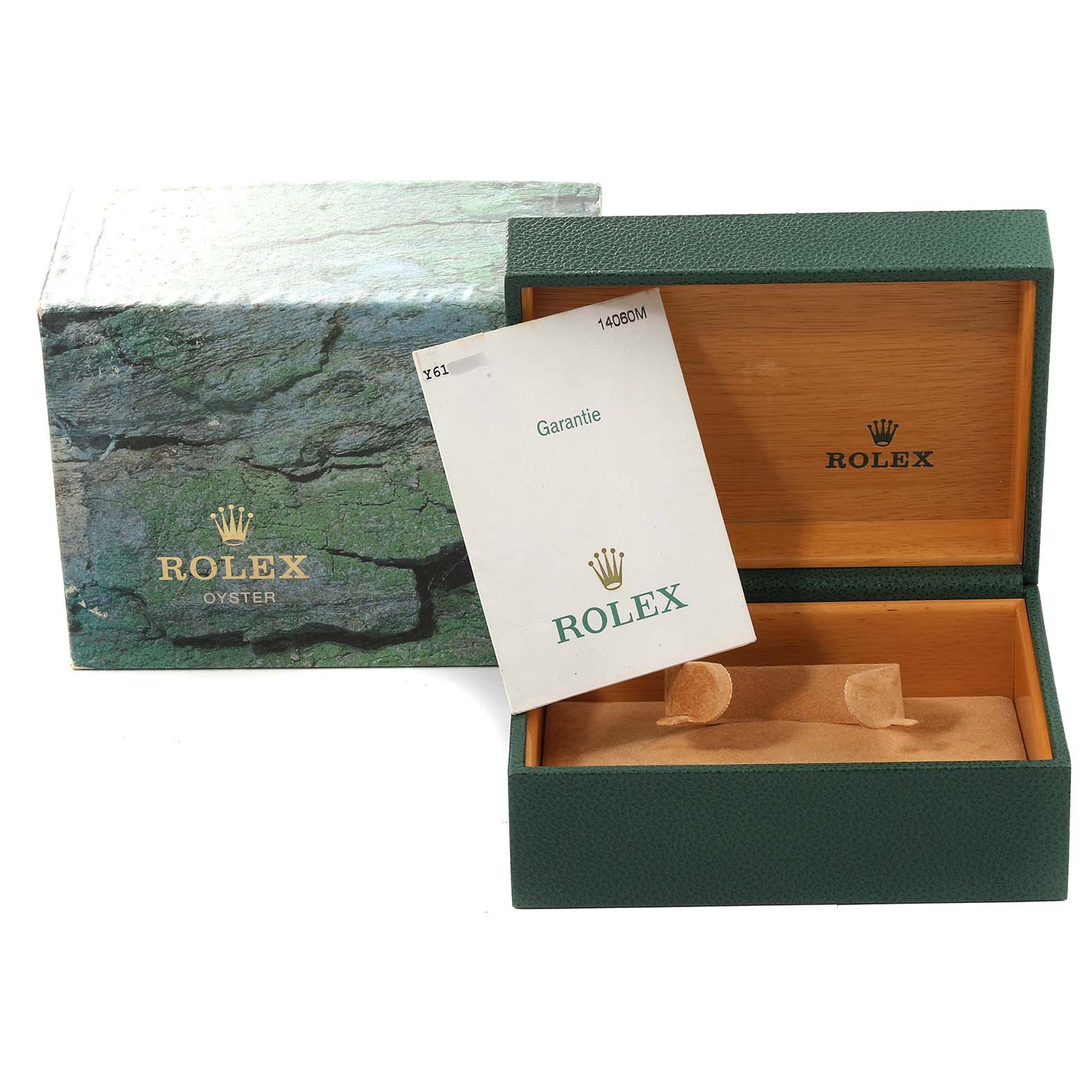 The image shows the open box and warranty card of a Rolex Submariner 14060 Men
s Stainless Steel Black Dial 14060 Men
s Stainless Steel Black Dial watch, with the outer box also visible.