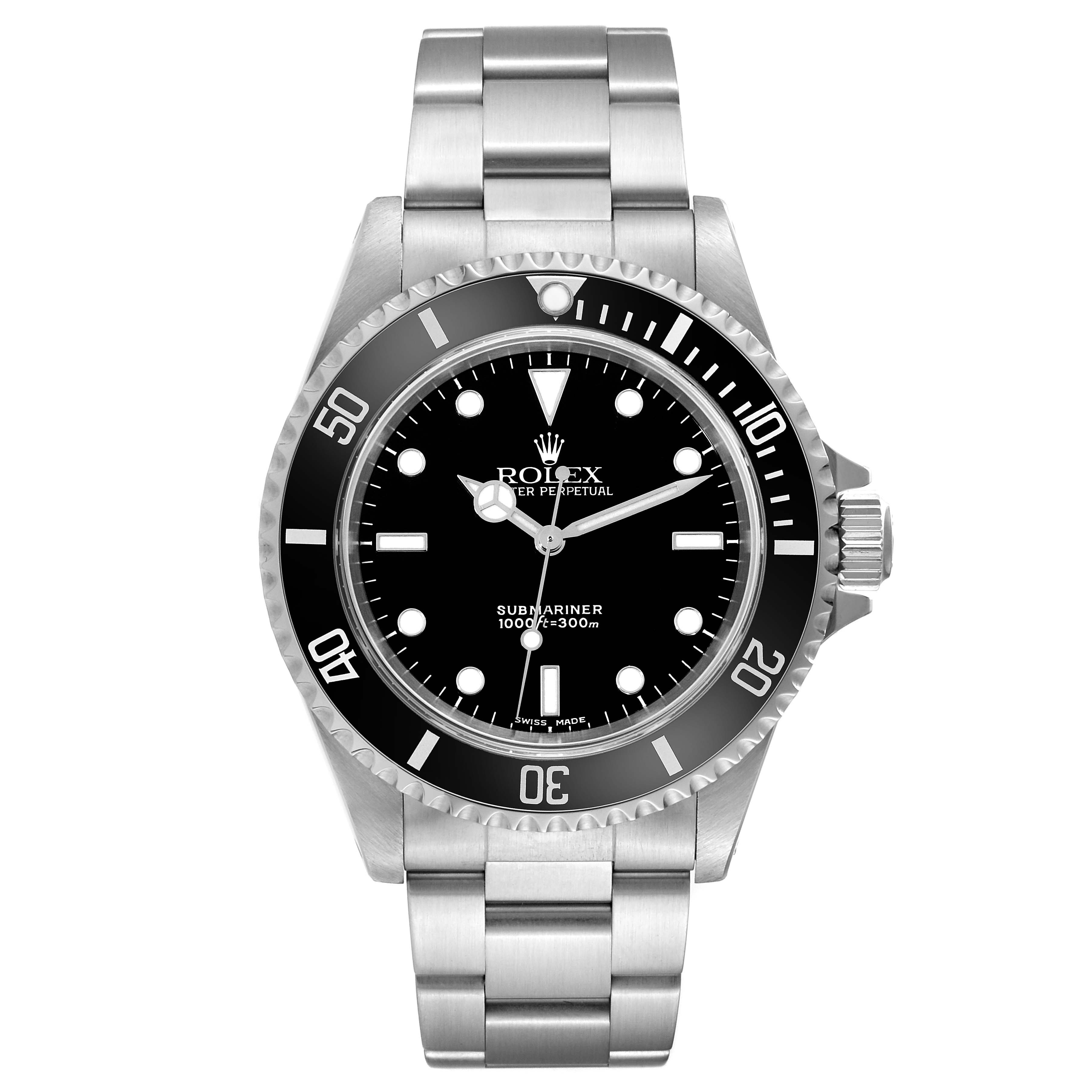 The image shows a front view of the Rolex Submariner 14060 Men
s Stainless Steel Black Dial 14060 Men
s Stainless Steel Black Dial watch, highlighting its face, bezel, and stainless steel bracelet.