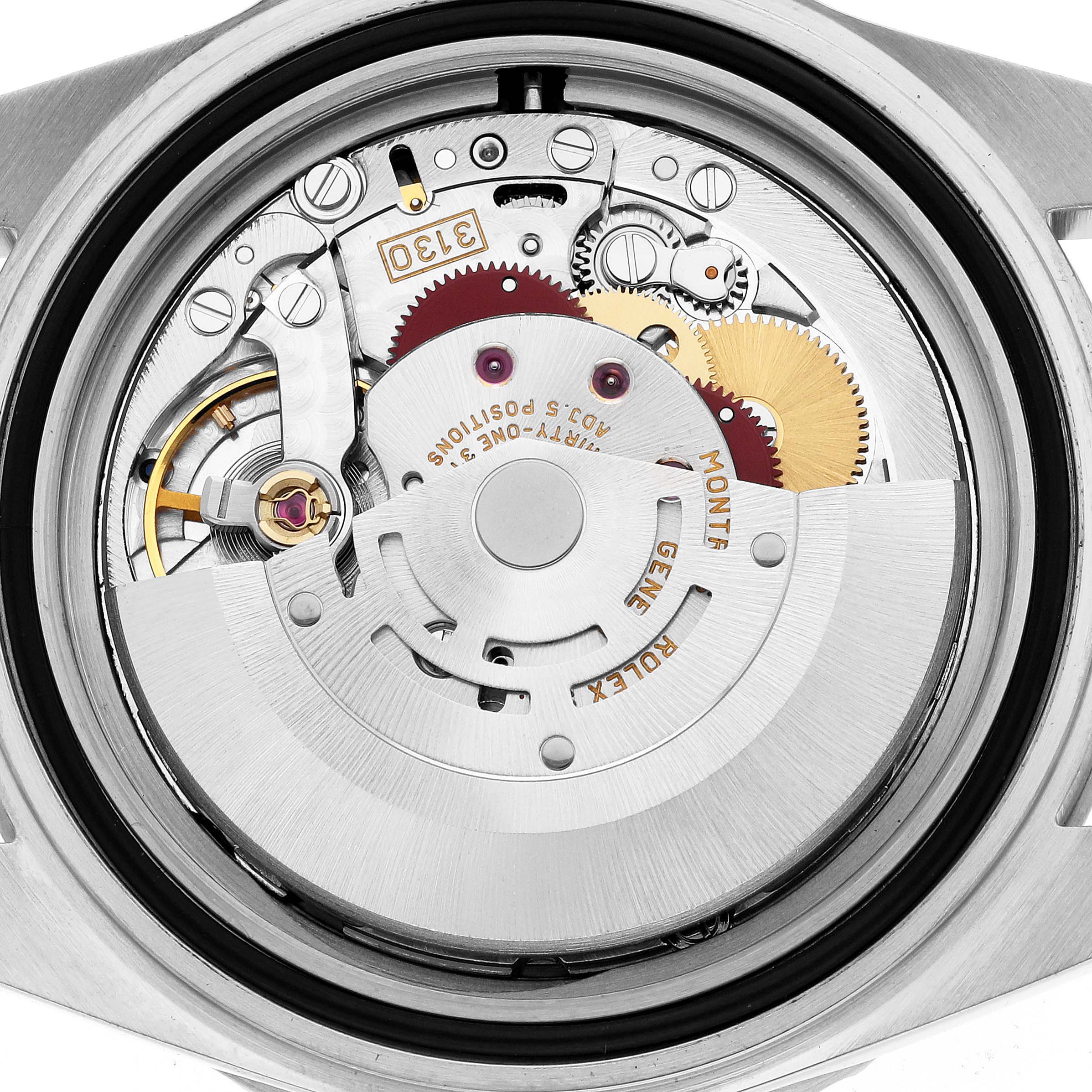 This image shows a close-up of the internal movement mechanism of a Rolex Submariner 14060 Men
s Stainless Steel Black Dial 14060 Men
s Stainless Steel Black Dial watch from a rear angle.