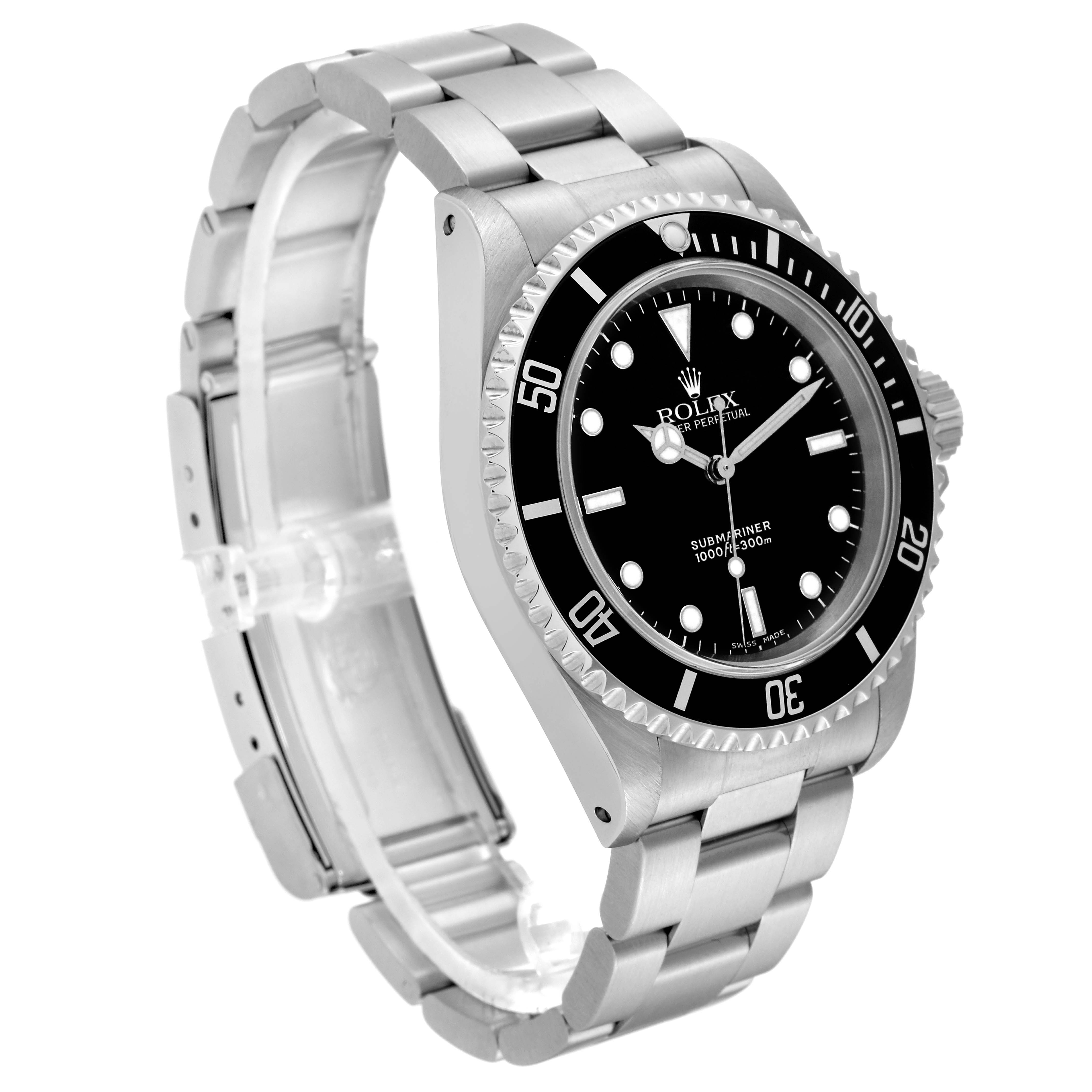 The Rolex Submariner 14060 Men
s Stainless Steel Black Dial 14060 Men
s Stainless Steel Black Dial watch is shown at an angle, displaying the face, bezel, bracelet, and clasp.