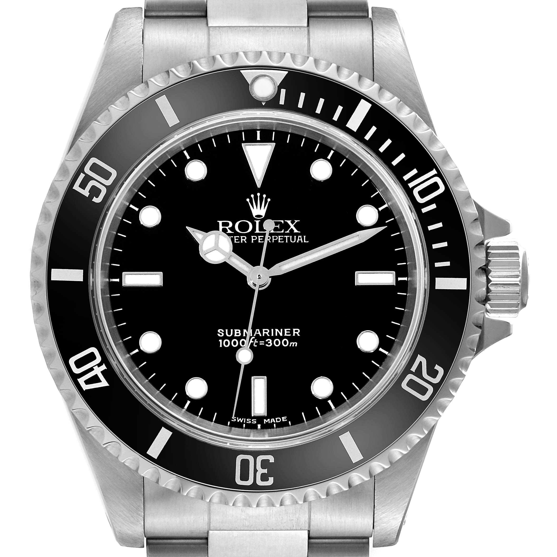 The image shows a front view of a Rolex Submariner 14060 Men
s Stainless Steel Black Dial 14060 Men
s Stainless Steel Black Dial watch, highlighting its bezel, dial, crown, and bracelet.