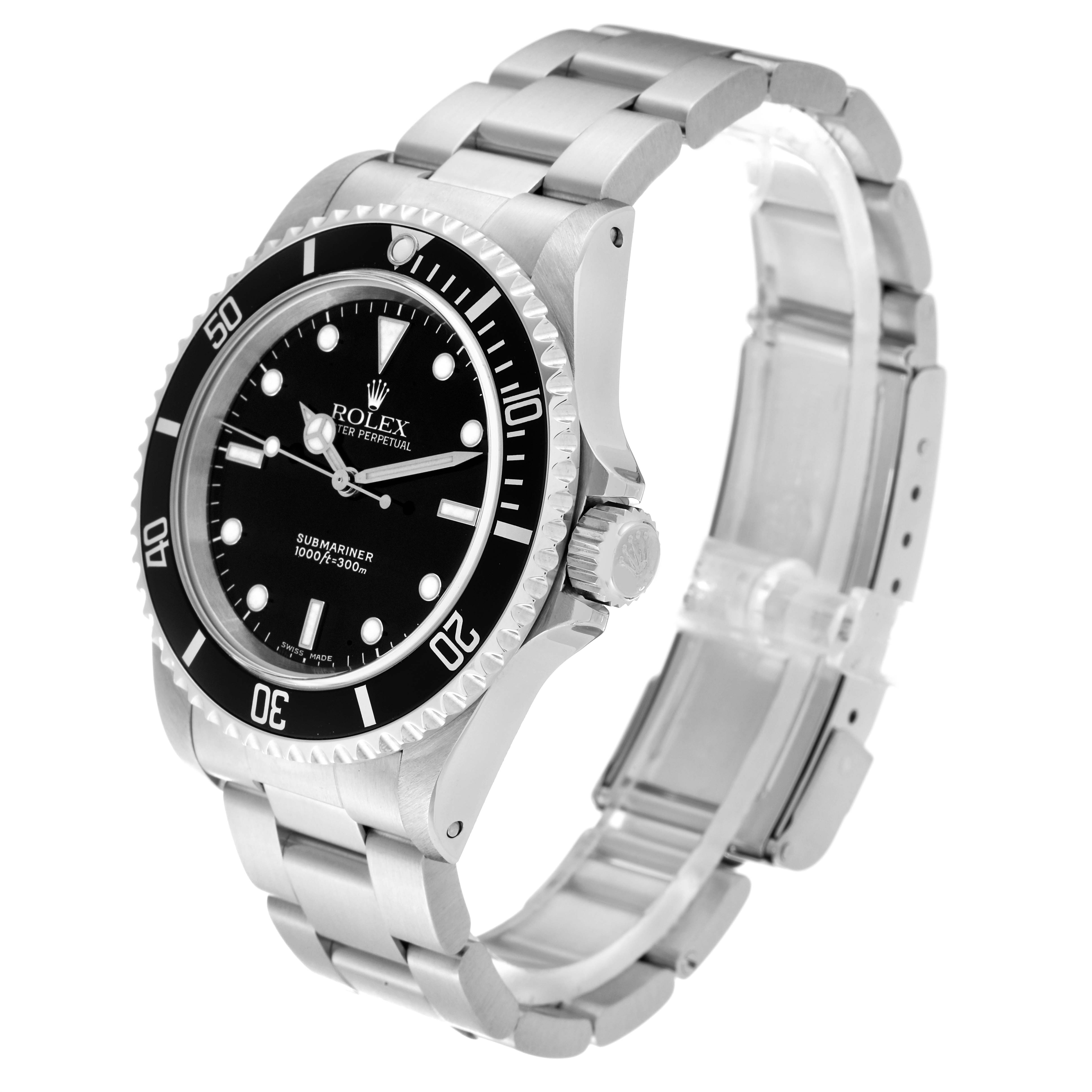 The image shows a Rolex Submariner 14060 Men
s Stainless Steel Black Dial 14060 Men
s Stainless Steel Black Dial watch at a three-quarter angle, highlighting the face, bezel, crown, and bracelet.