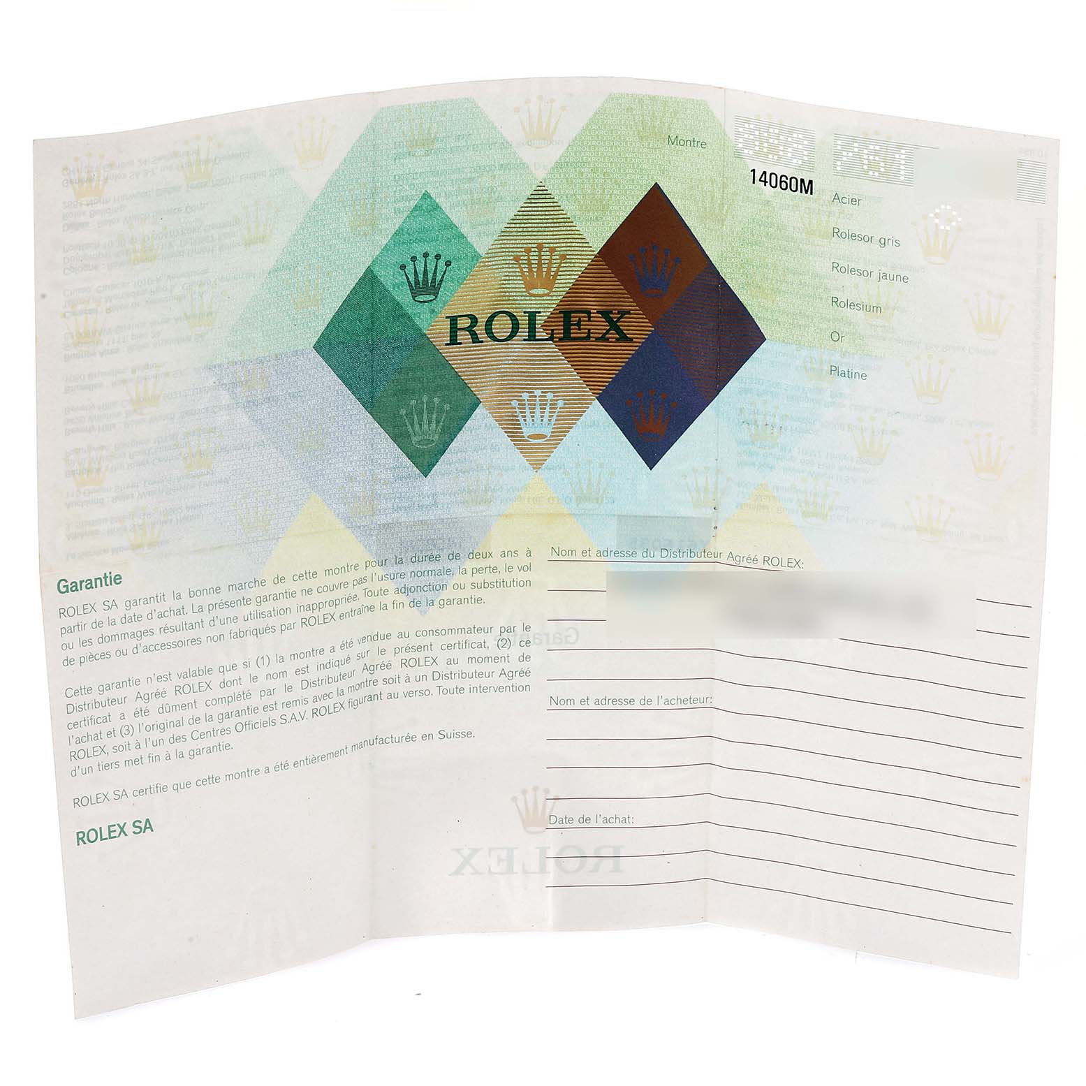 This image shows the warranty certificate for the Rolex Submariner 14060 Men
s Stainless Steel Black Dial 14060 Men
s Stainless Steel Black Dial watch, including model information and brand logos.