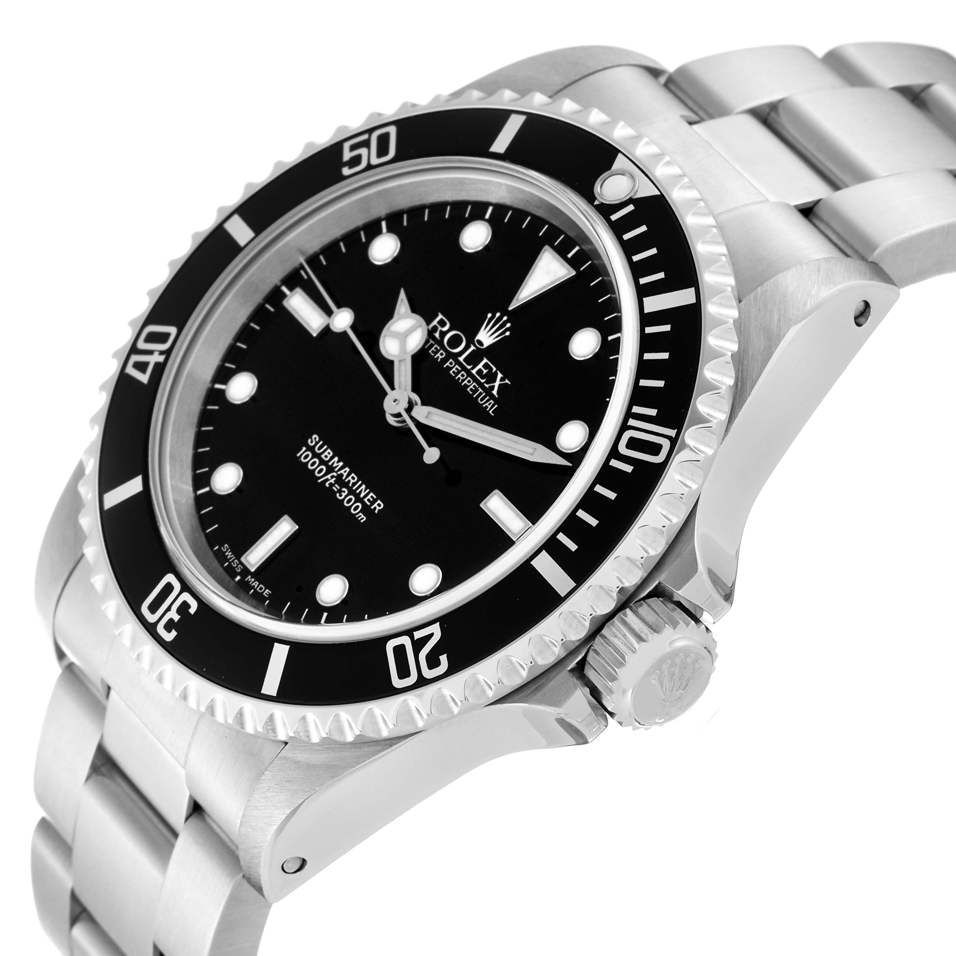 The image shows a Rolex Submariner 14060 Men
s Stainless Steel Black Dial 14060 Men
s Stainless Steel Black Dial watch from an angled perspective, highlighting its bezel, dial, and bracelet.