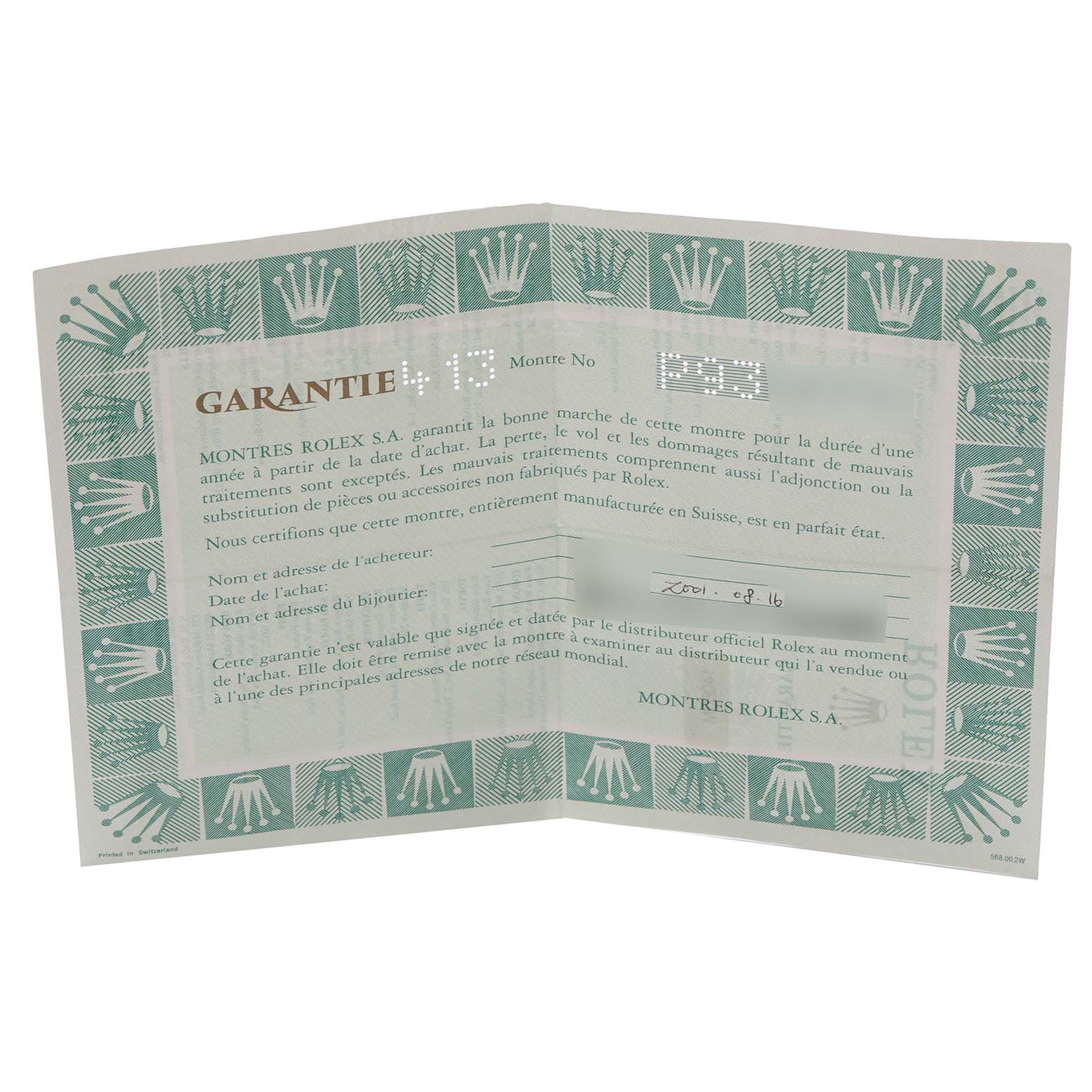 The image shows a warranty certificate for a Rolex Submariner 14060M Men's Stainless Steel Black Dial 14060M Men's Stainless Steel Black Dial, displayed open with green branding and text.