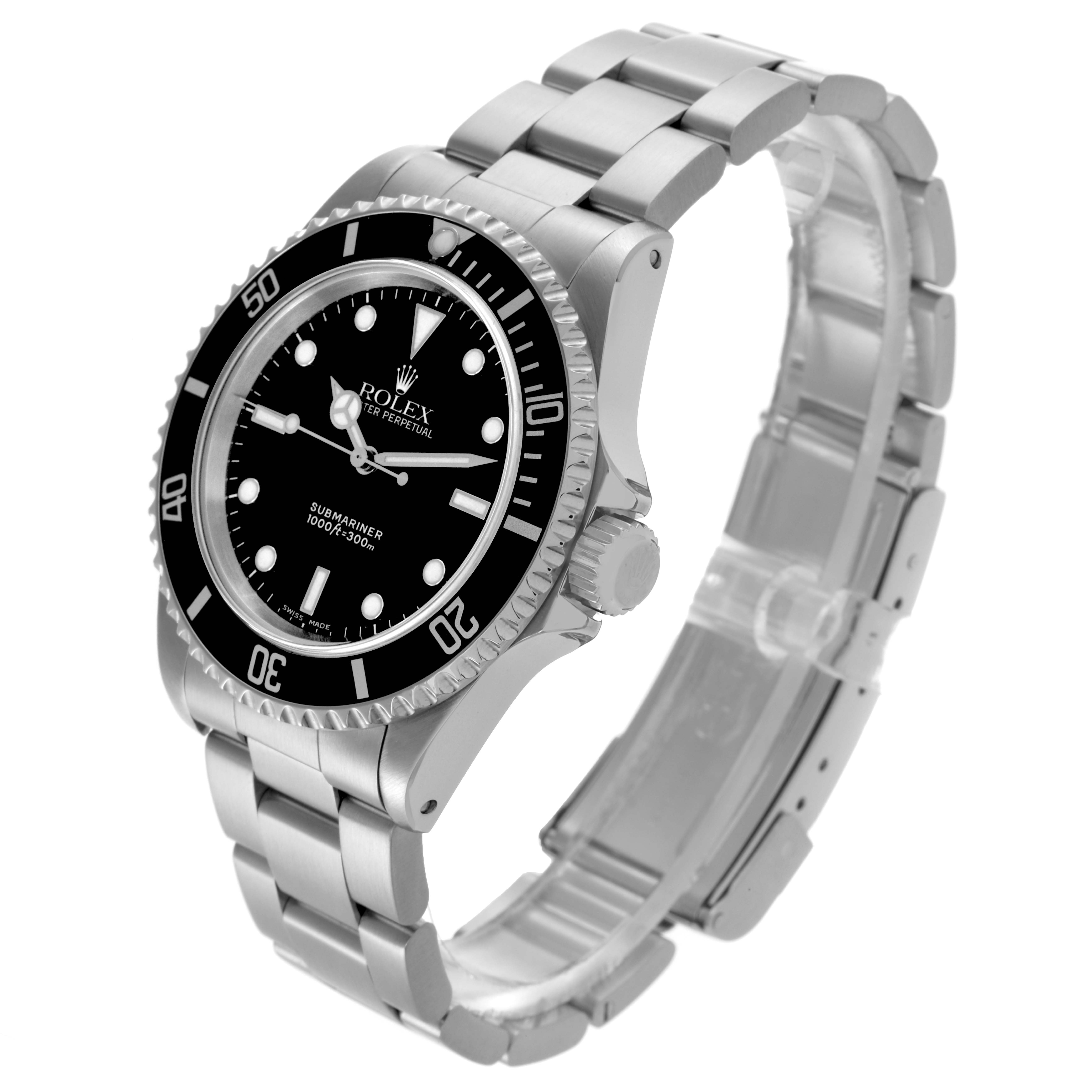 The Rolex Submariner 14060M Men's Stainless Steel Black Dial 14060M Men's Stainless Steel Black Dial is shown at a three-quarter angle, highlighting its bezel, dial, crown, and bracelet.