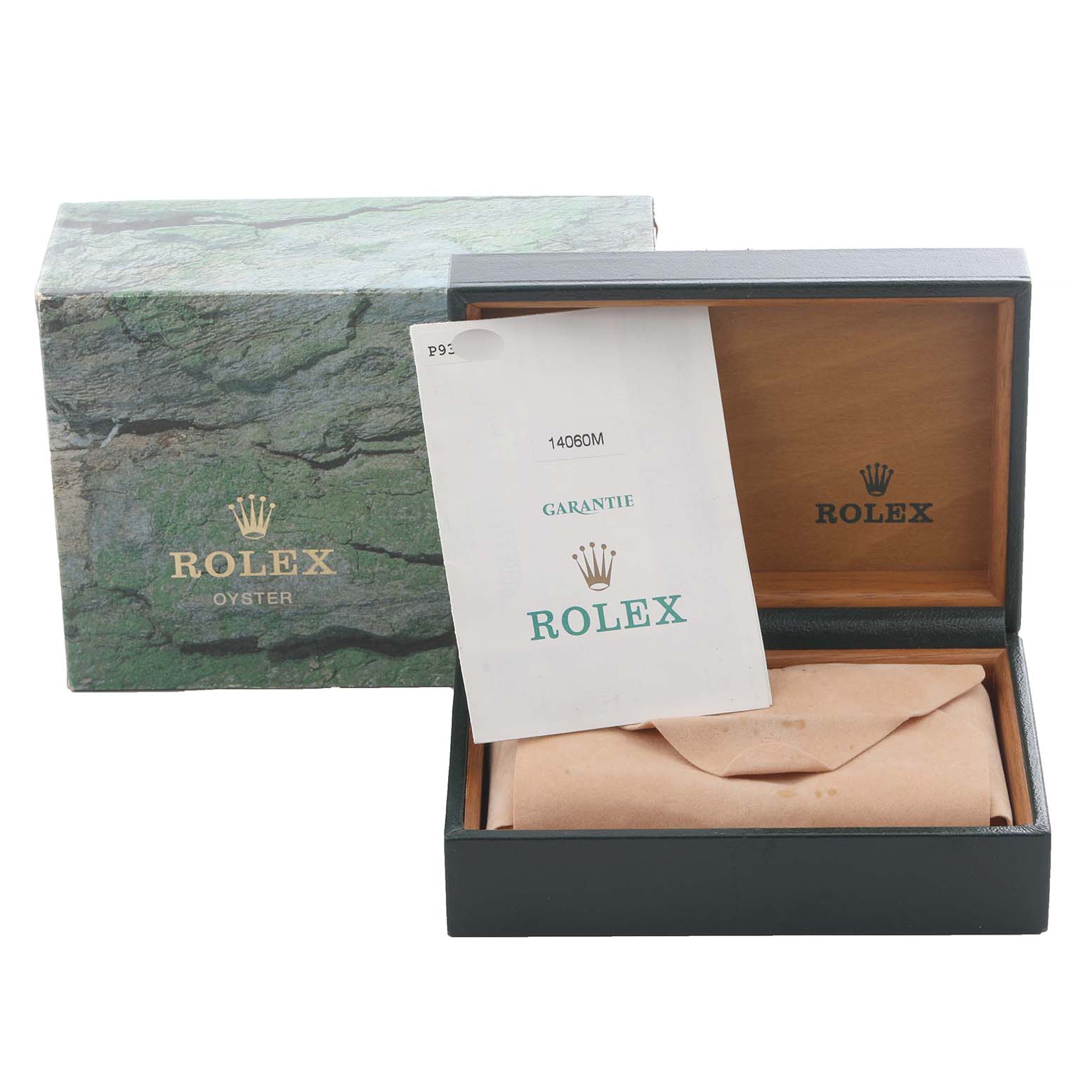 The image shows a Rolex Submariner 14060M Men's Stainless Steel Black Dial 14060M Men's Stainless Steel Black Dial box and papers, including a guarantee card and protective cloth, viewed from the front.