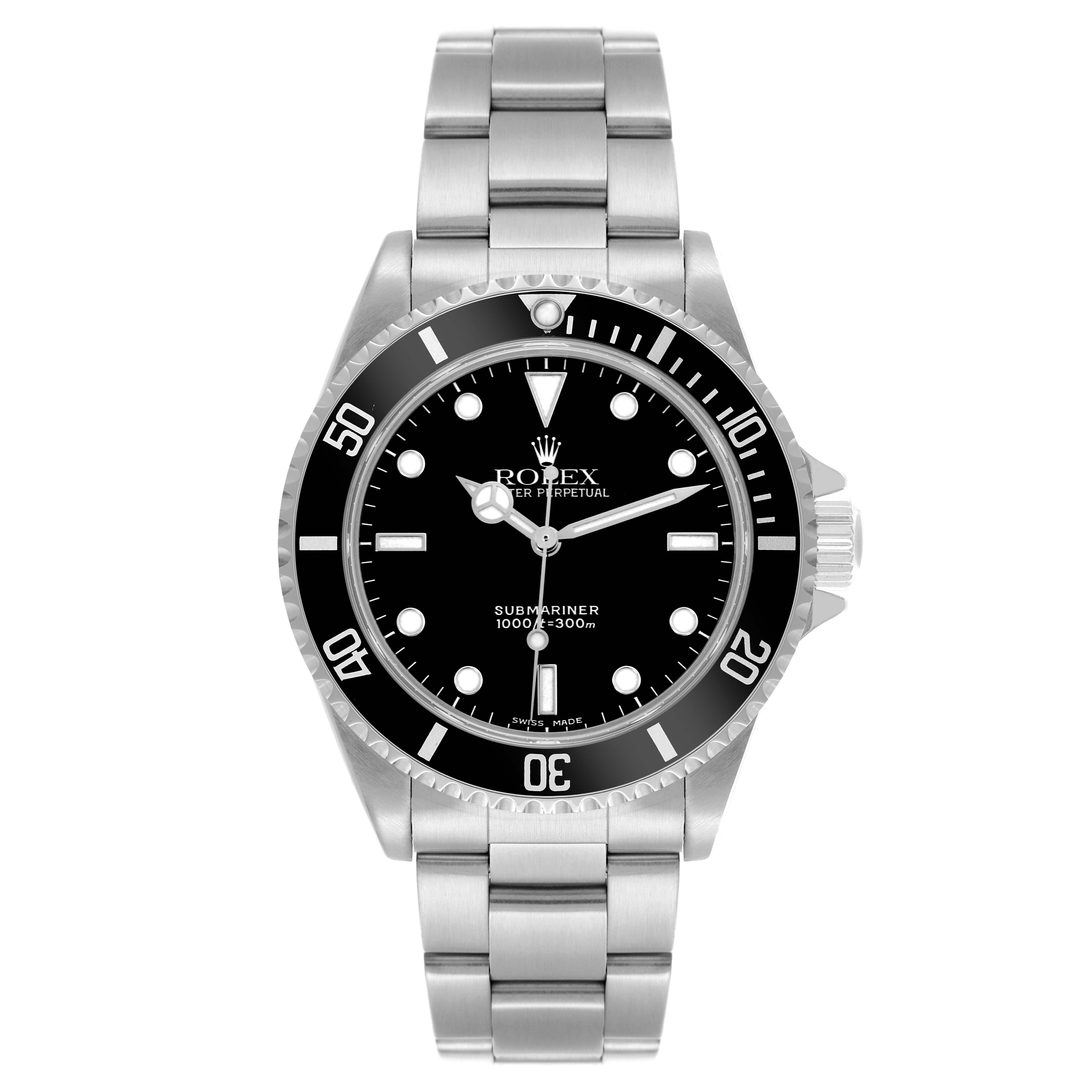 The Rolex Submariner 14060M Men's Stainless Steel Black Dial 14060M Men's Stainless Steel Black Dial watch is shown from a front view, displaying the dial, bezel, and bracelet clearly.
