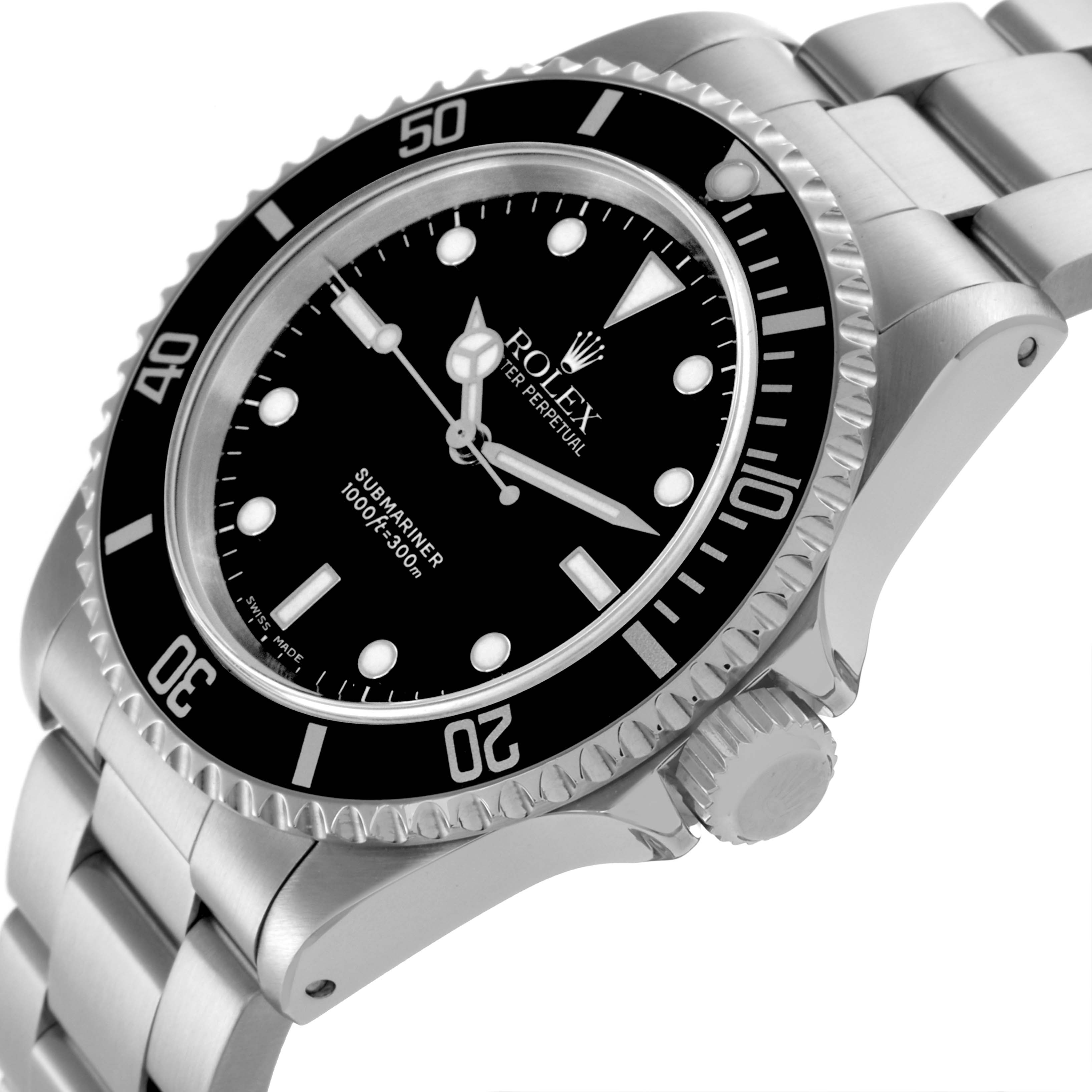 The Rolex Submariner 14060M Men's Stainless Steel Black Dial 14060M Men's Stainless Steel Black Dial watch is shown at an angled side view, highlighting the bezel, dial, crown, and part of the bracelet.