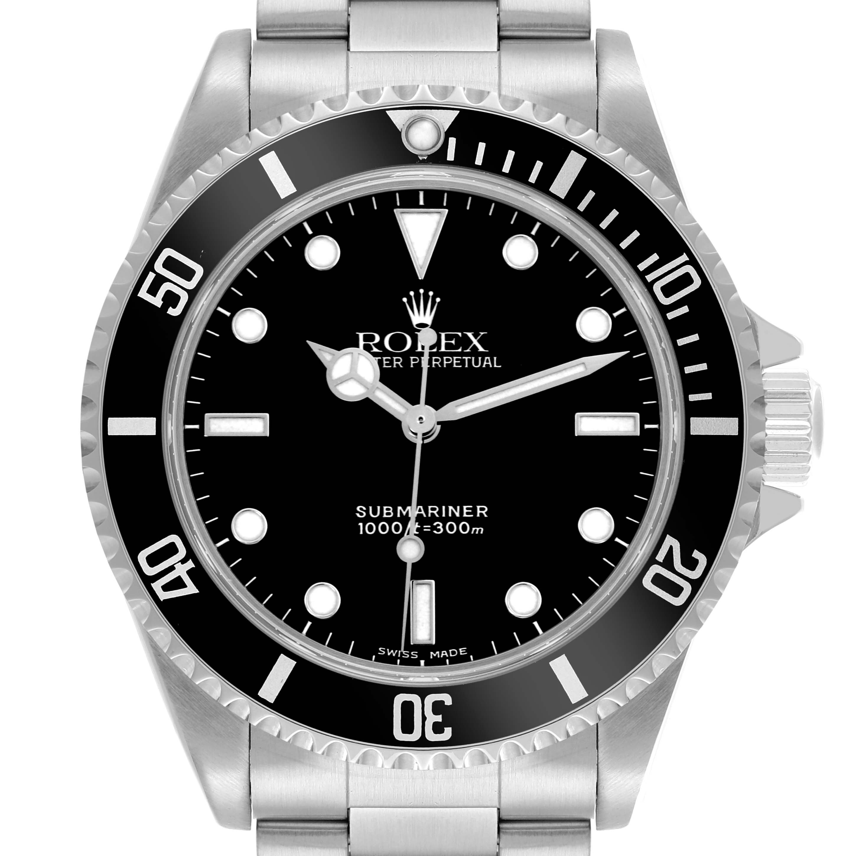 The Rolex Submariner 14060M Men's Stainless Steel Black Dial 14060M Men's Stainless Steel Black Dial watch is shown from a top-down angle, displaying the bezel, dial, crown, and part of the bracelet.