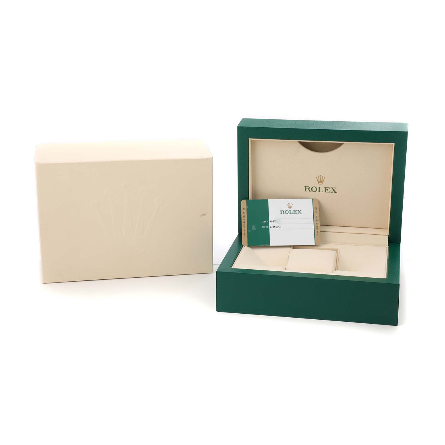 The image shows the packaging and warranty card for a Rolex Submariner 116610LV Men's Stainless Steel Green Dial, with the box open displaying the interior.